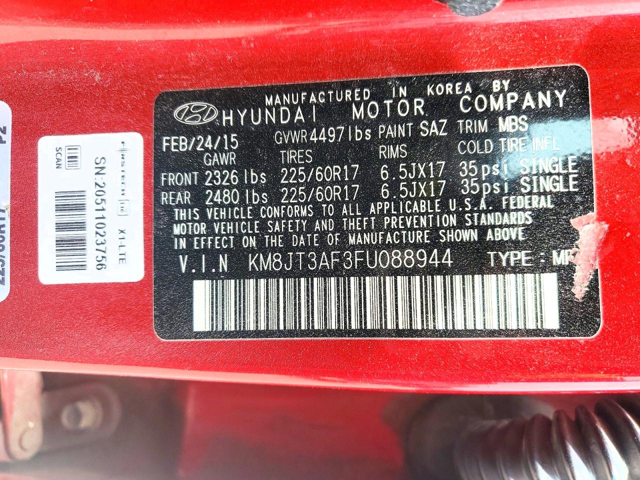 2015 Hyundai Tucson Gls Red vin: KM8JT3AF3FU088944