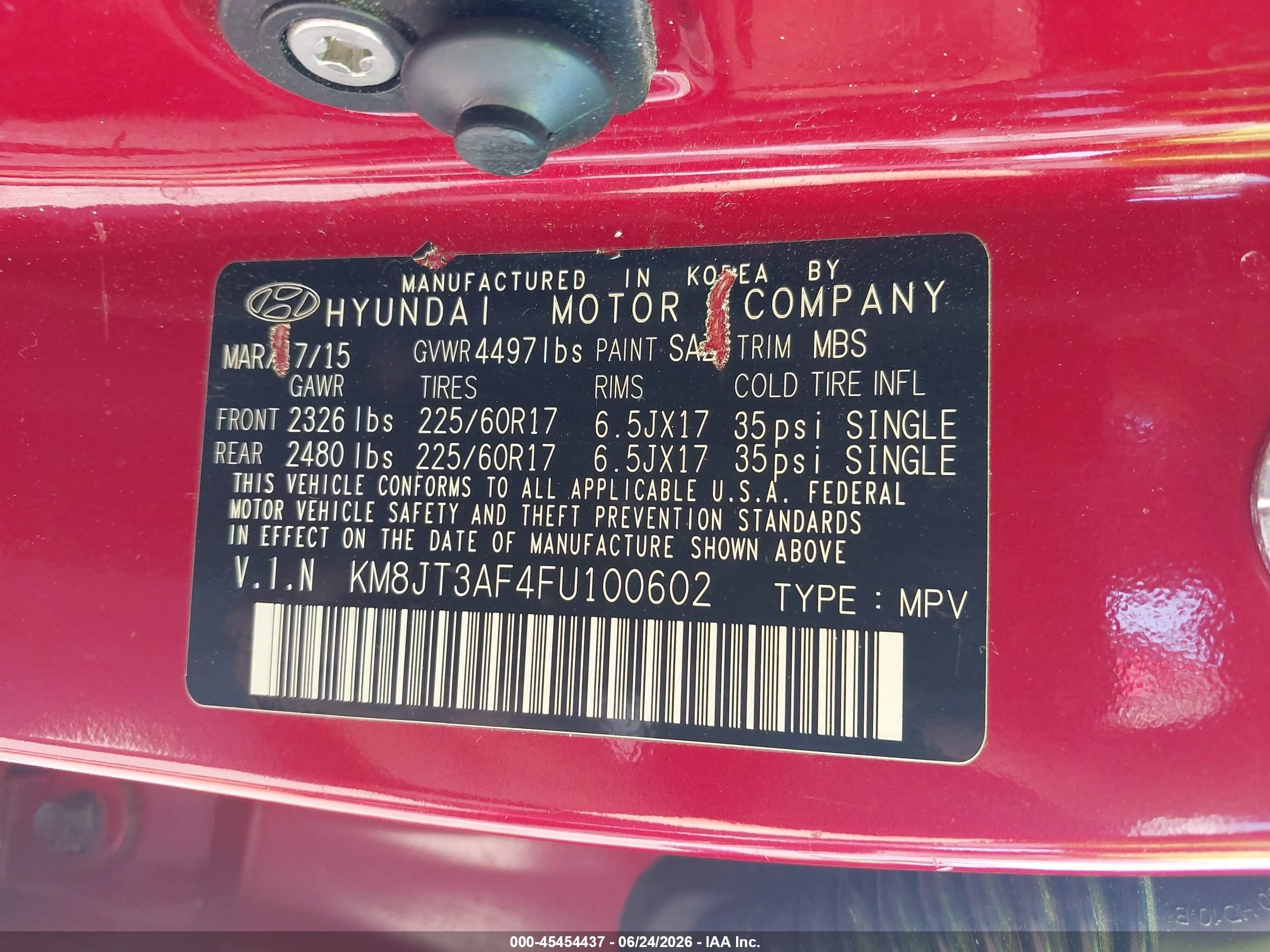 2015 Hyundai Tucson Gls Red vin: KM8JT3AF4FU100602