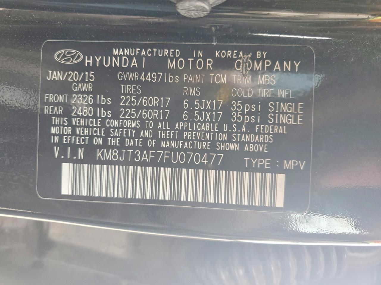 2015 Hyundai Tucson Gls Black vin: KM8JT3AF7FU070477