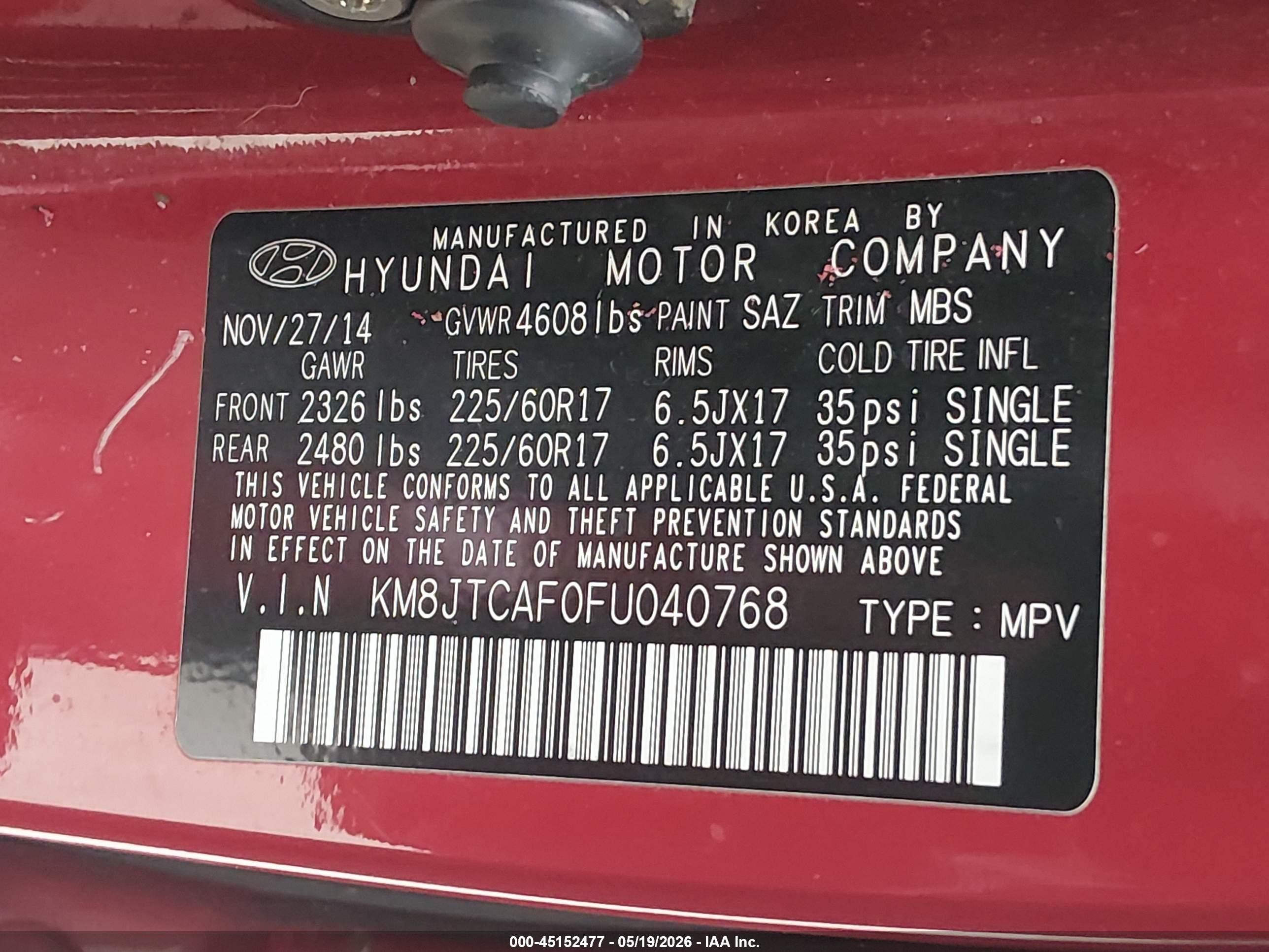 2015 Hyundai Tucson Gls Red vin: KM8JTCAF0FU040768