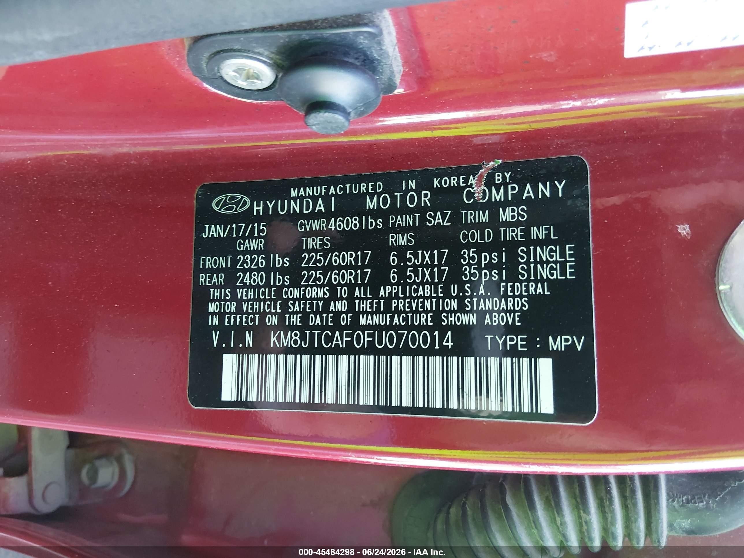 2015 Hyundai Tucson Gls Red vin: KM8JTCAF0FU070014