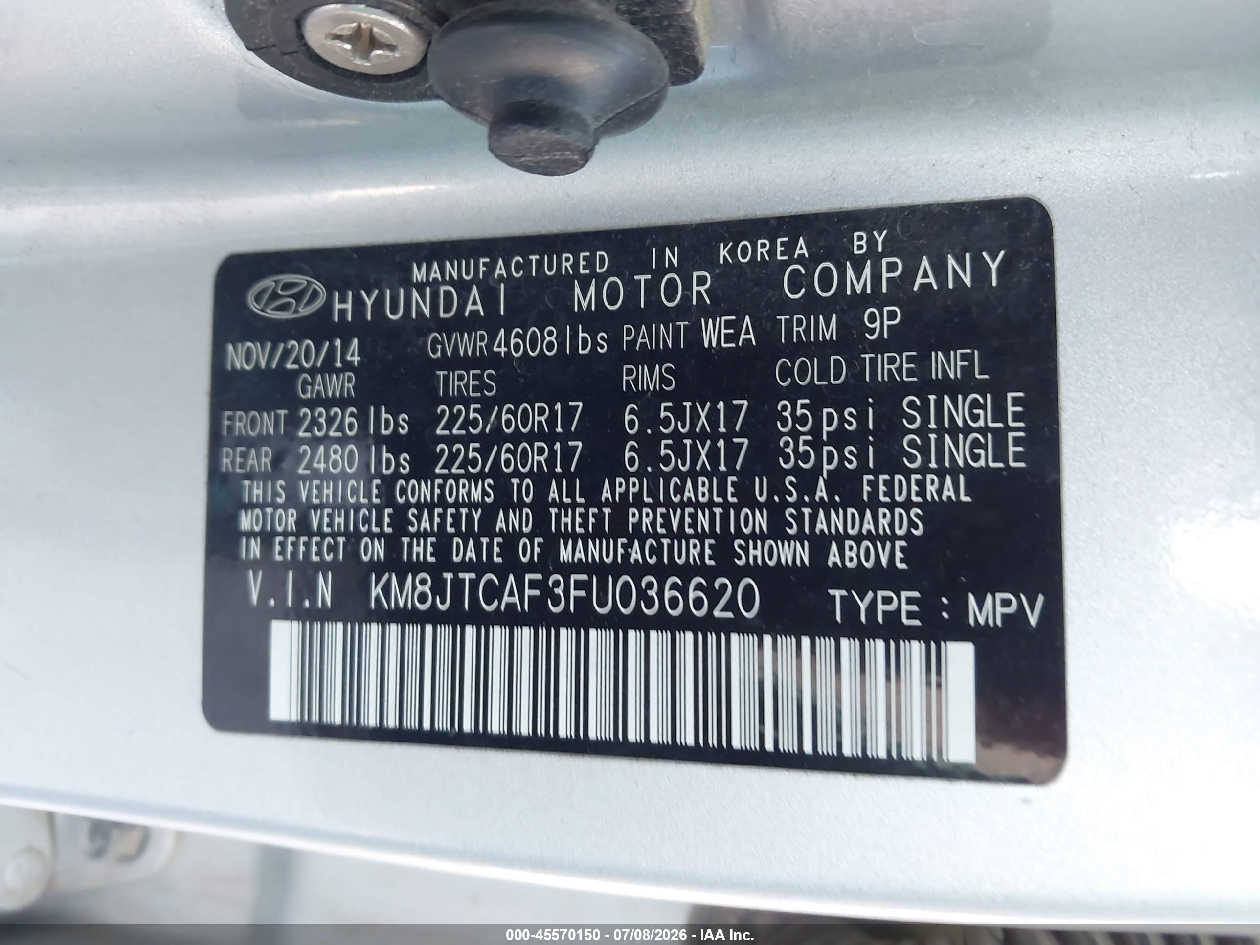 2015 Hyundai Tucson Gls Серебряный vin: KM8JTCAF3FU036620