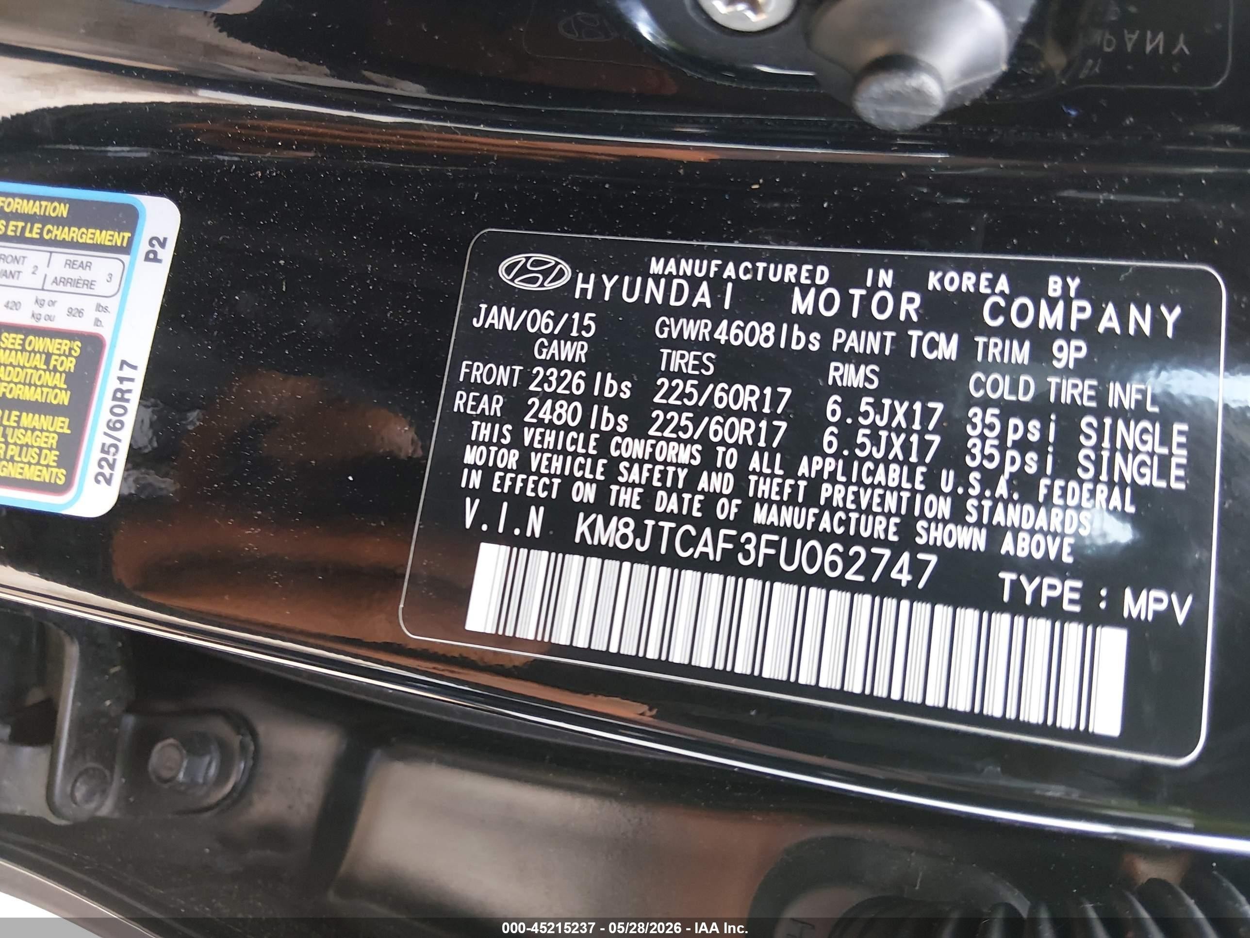 2015 Hyundai Tucson Gls Black vin: KM8JTCAF3FU062747