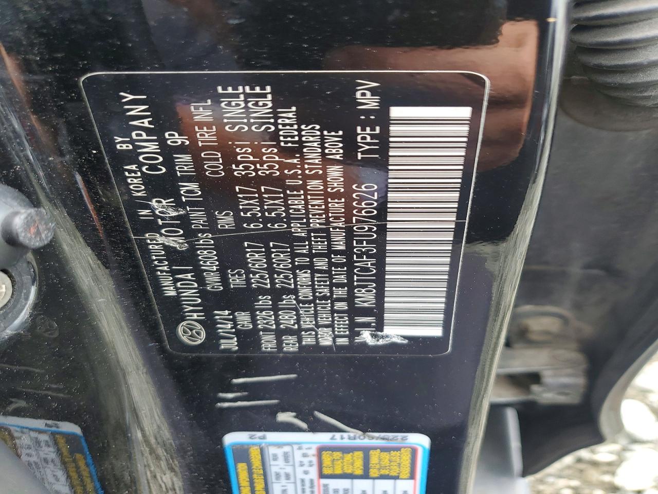 2015 Hyun Tucson Gls Black vin: KM8JTCAF3FU976626