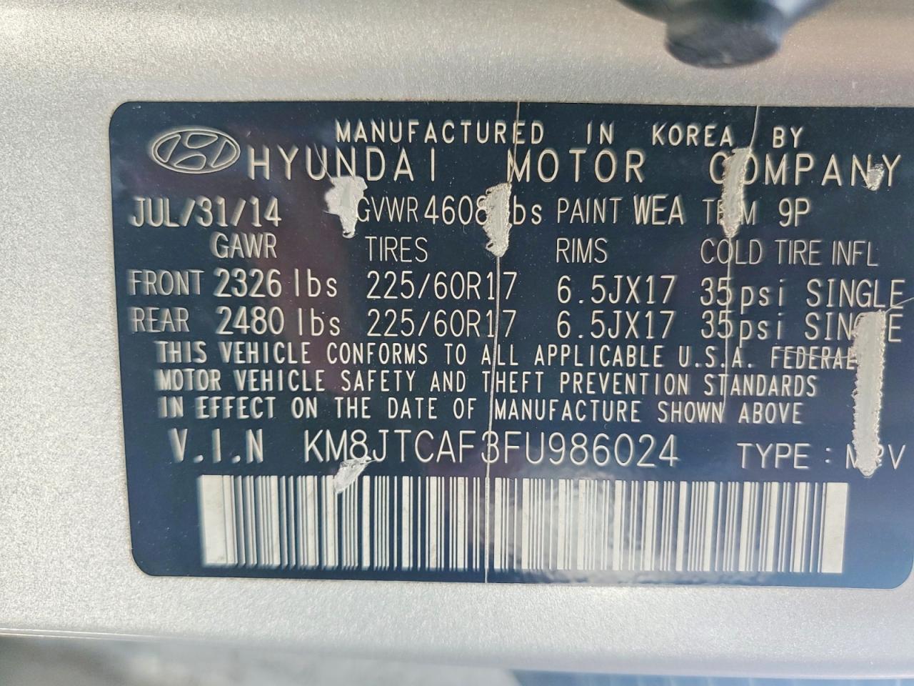 2015 Hyundai Tucson Gls Silver vin: KM8JTCAF3FU986024