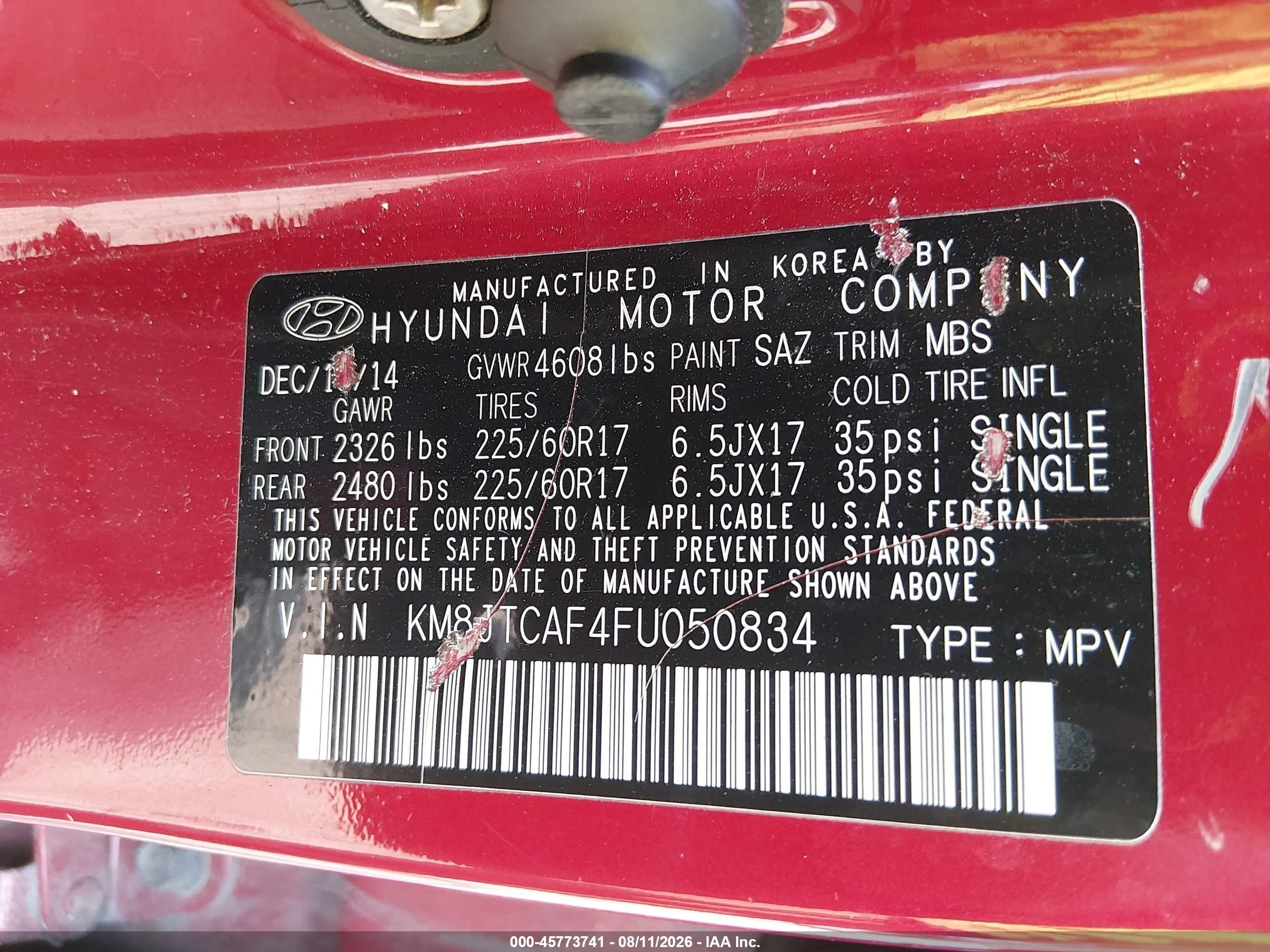 2015 Hyundai Tucson Gls Красный vin: KM8JTCAF4FU050834