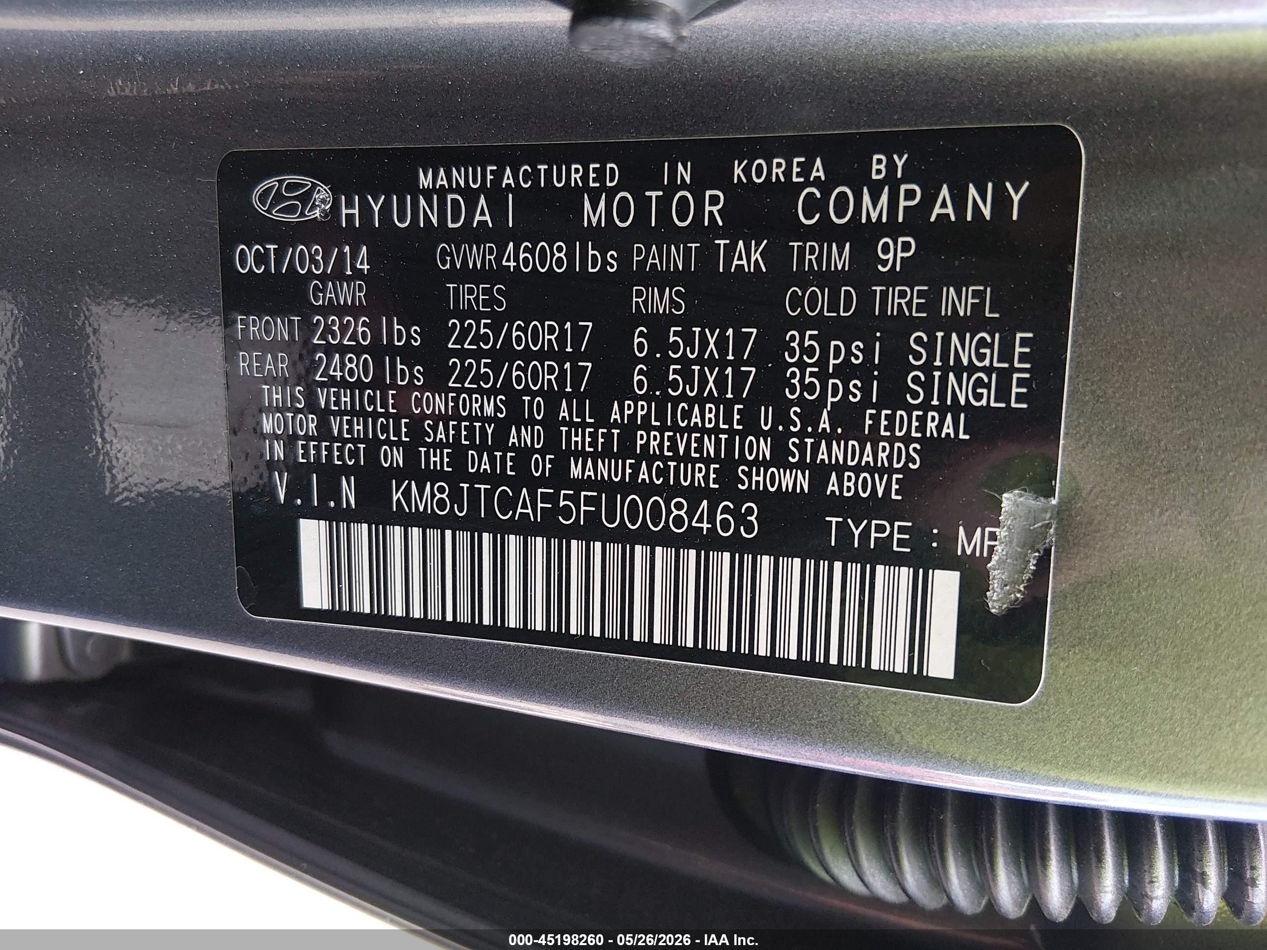 2015 Hyundai Tucson Gls Gray vin: KM8JTCAF5FU008463