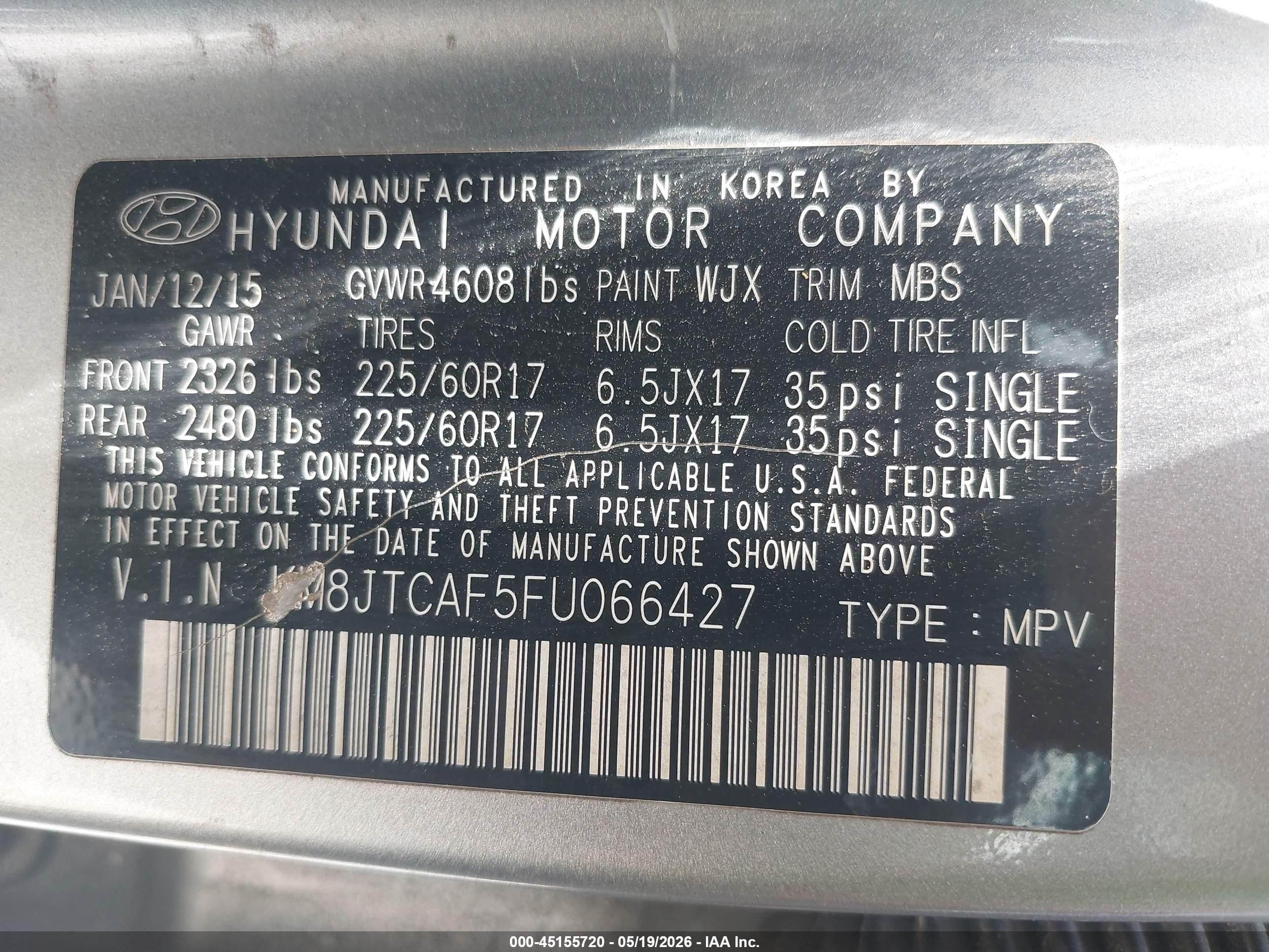 2015 Hyundai Tucson Gls Silver vin: KM8JTCAF5FU066427