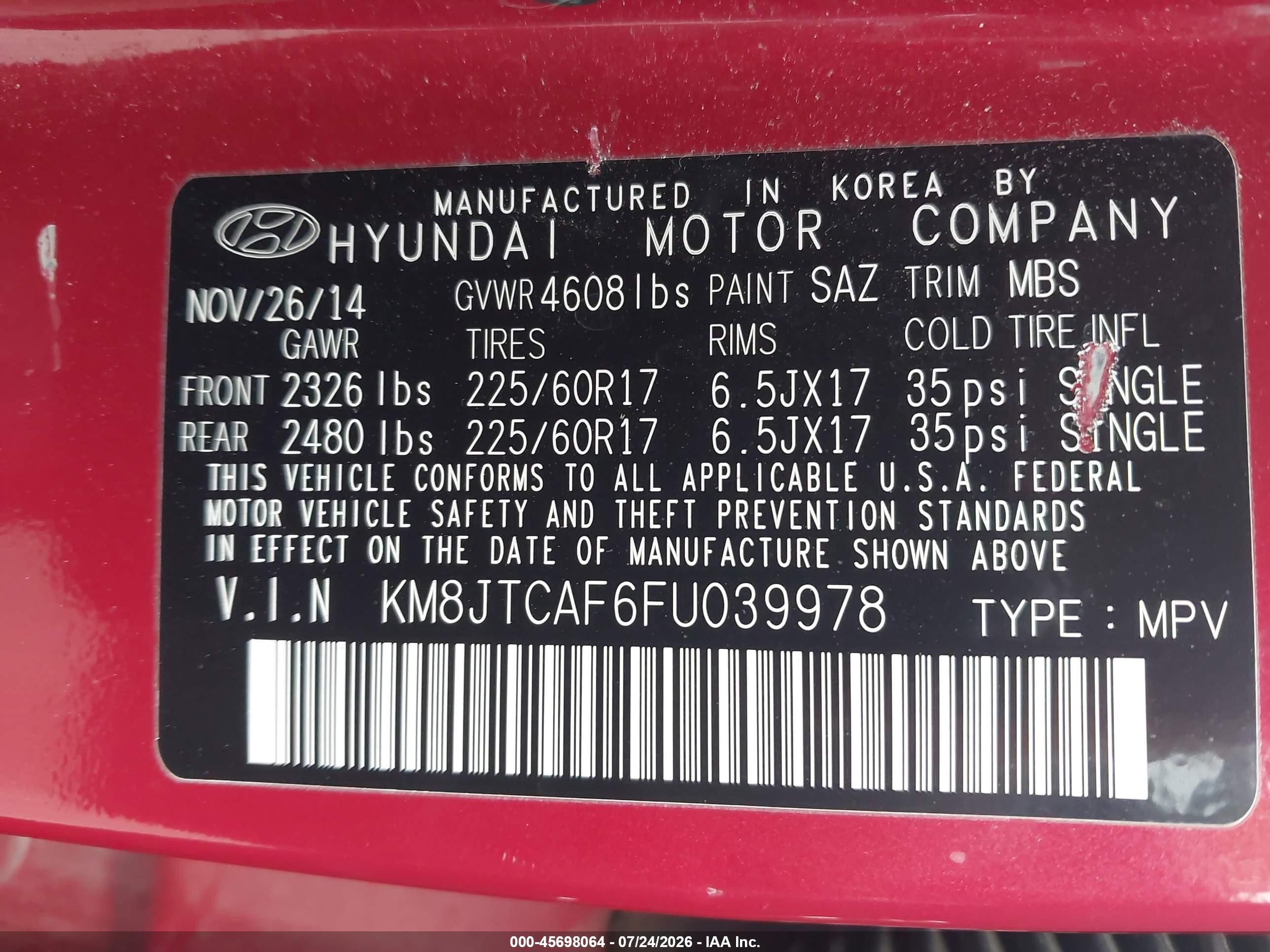 2015 Hyundai Tucson Gls Red vin: KM8JTCAF6FU039978