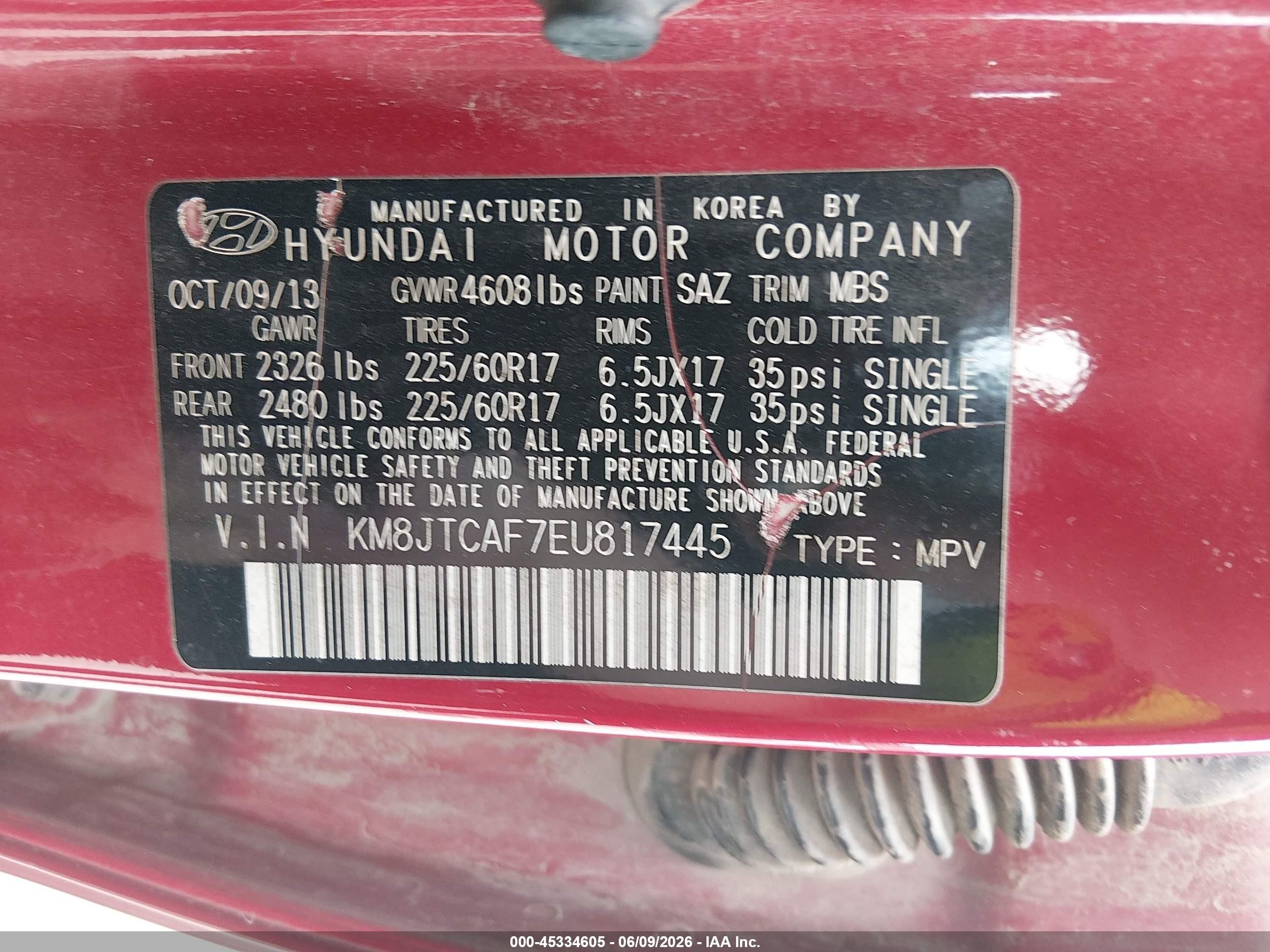 2014 Hyundai Tucson Gls Red vin: KM8JTCAF7EU817445