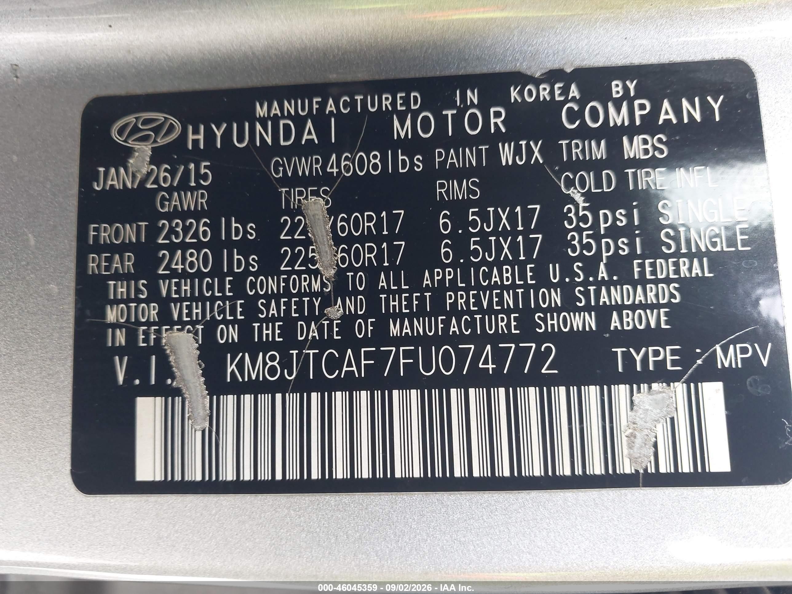 2015 Hyundai Tucson Gls Gray vin: KM8JTCAF7FU074772