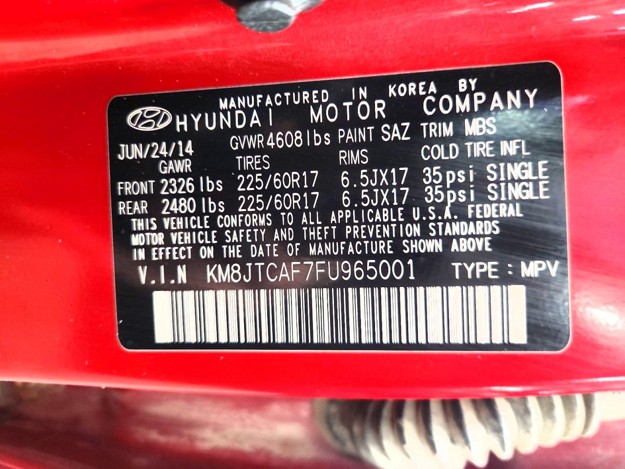 2015 Hyundai Tucson Gls Red vin: KM8JTCAF7FU965001