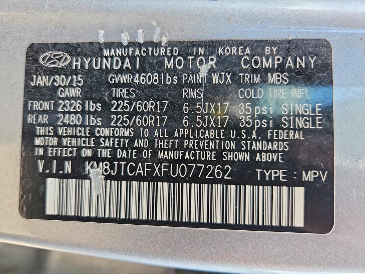 2015 Hyundai Tucson Gls Gray vin: KM8JTCAFXFU077262