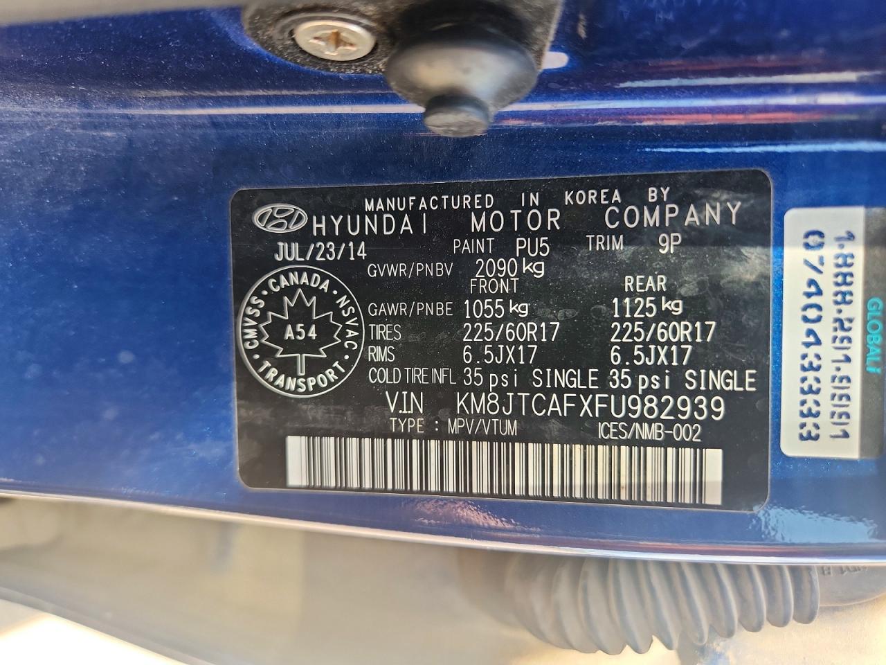 2015 Hyundai Tucson Gls Blue vin: KM8JTCAFXFU982939
