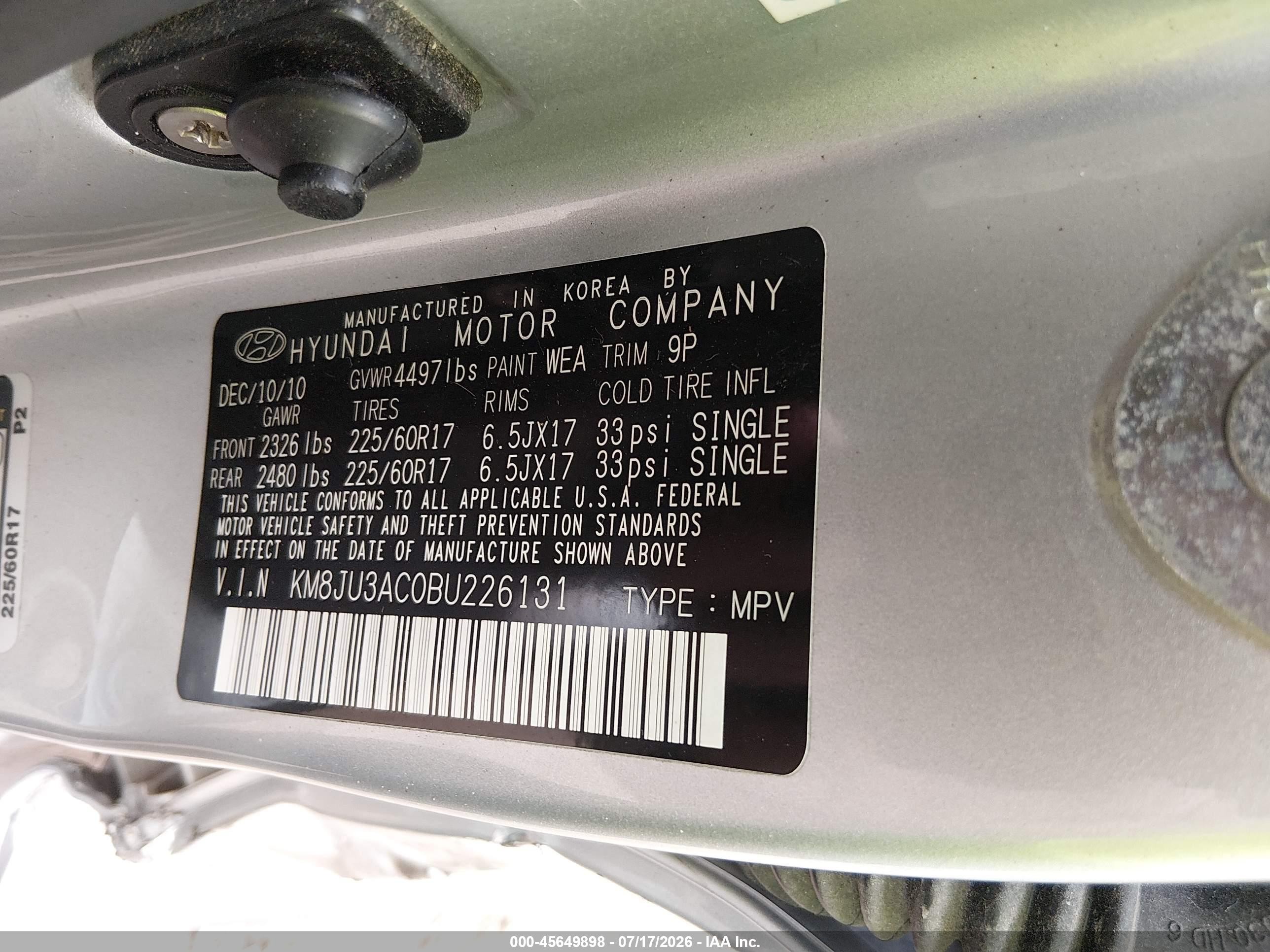 2011 Hyundai Tucson Gls Silver vin: KM8JU3AC0BU226131
