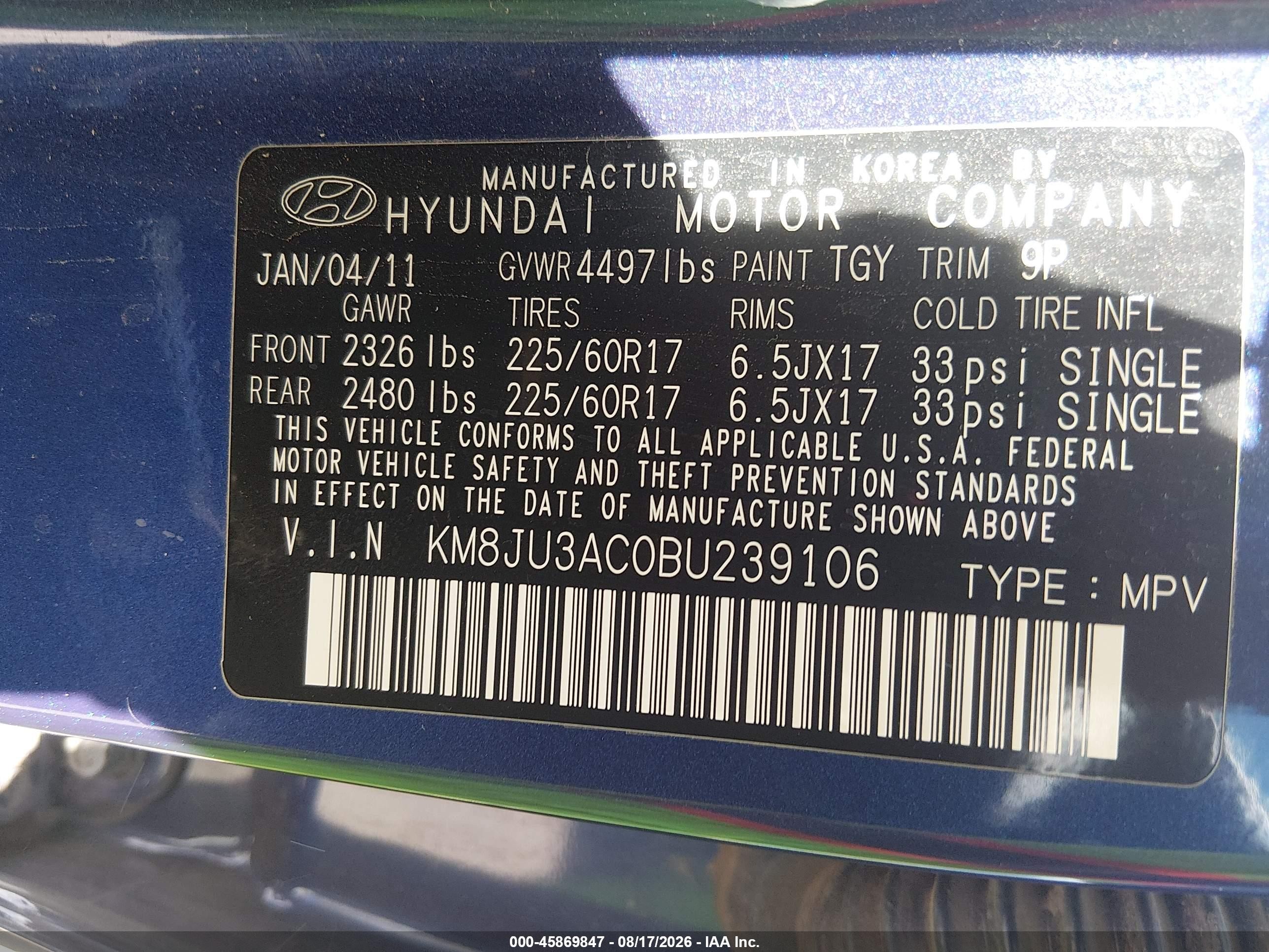 2011 Hyundai Tucson Gls Blue vin: KM8JU3AC0BU239106