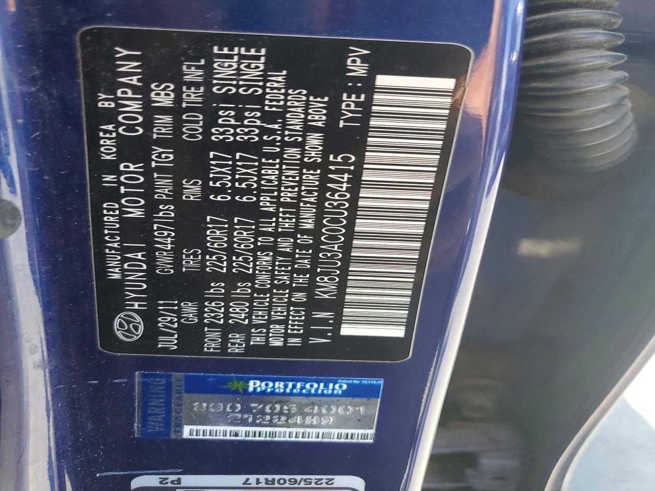 2012 Hyundai Tucson Gls Blue vin: KM8JU3AC0CU364415