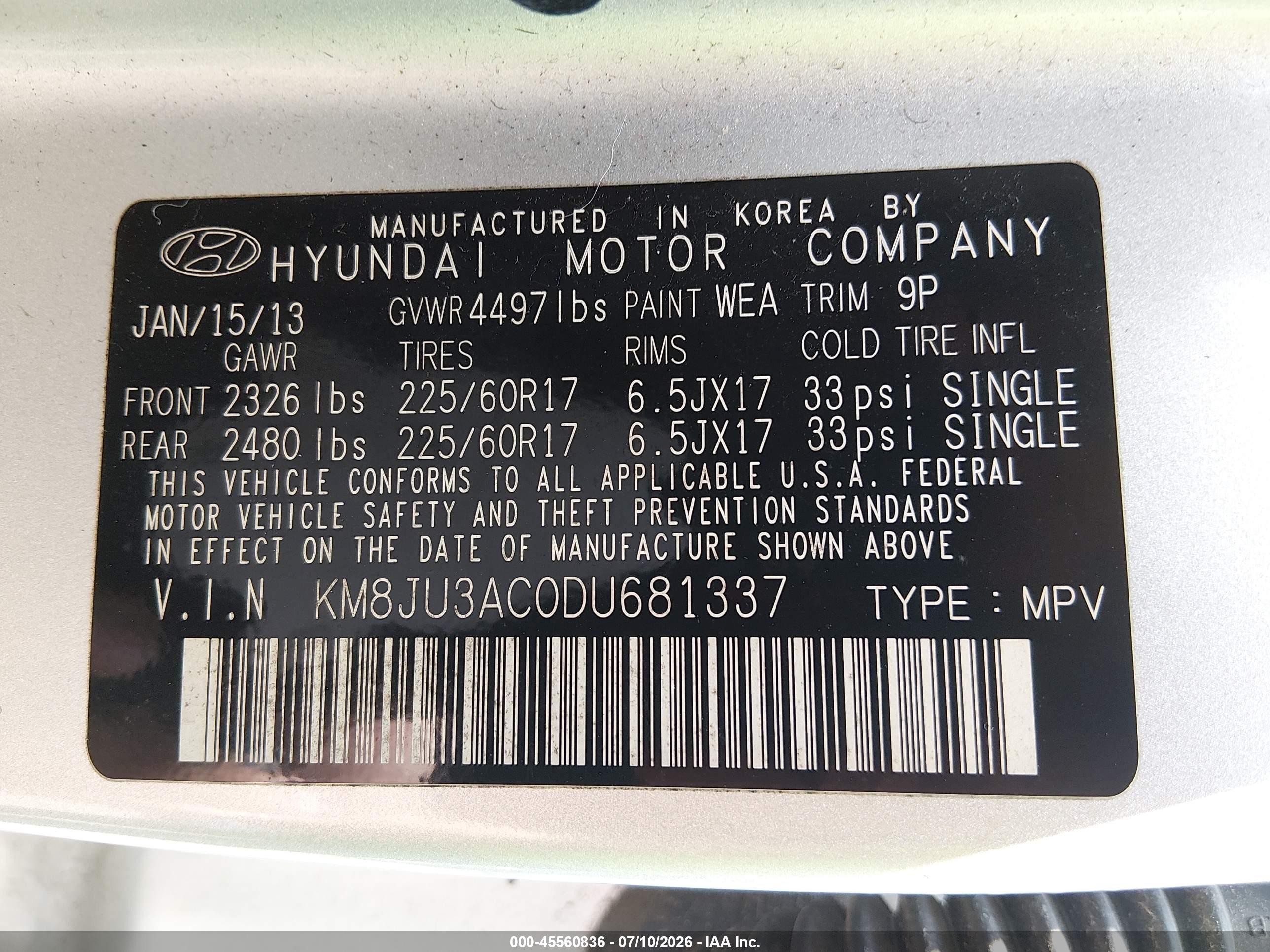 2013 Hyundai Tucson Gls Silver vin: KM8JU3AC0DU681337