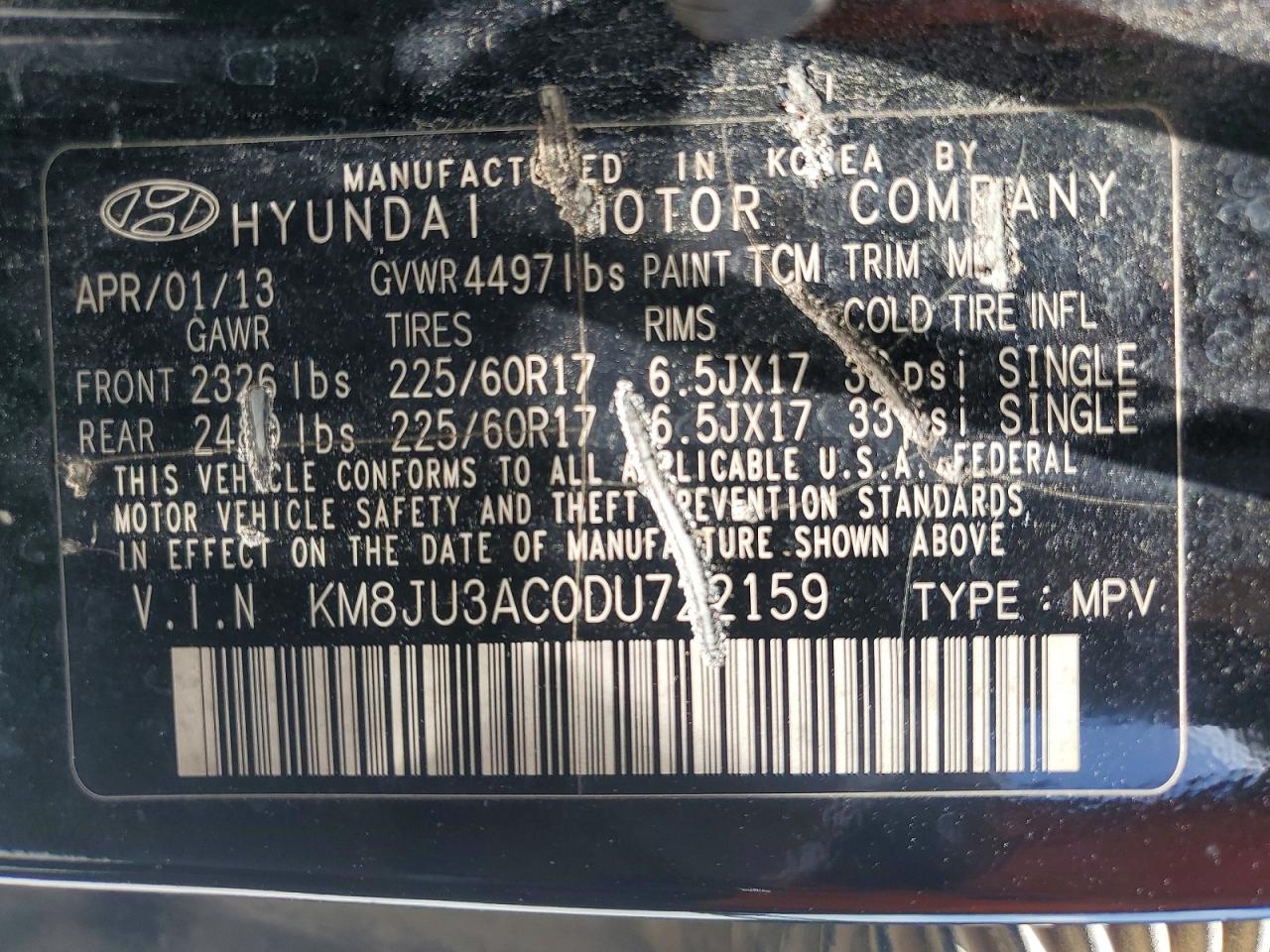 2013 Hyundai Tucson Gls Black vin: KM8JU3AC0DU722159