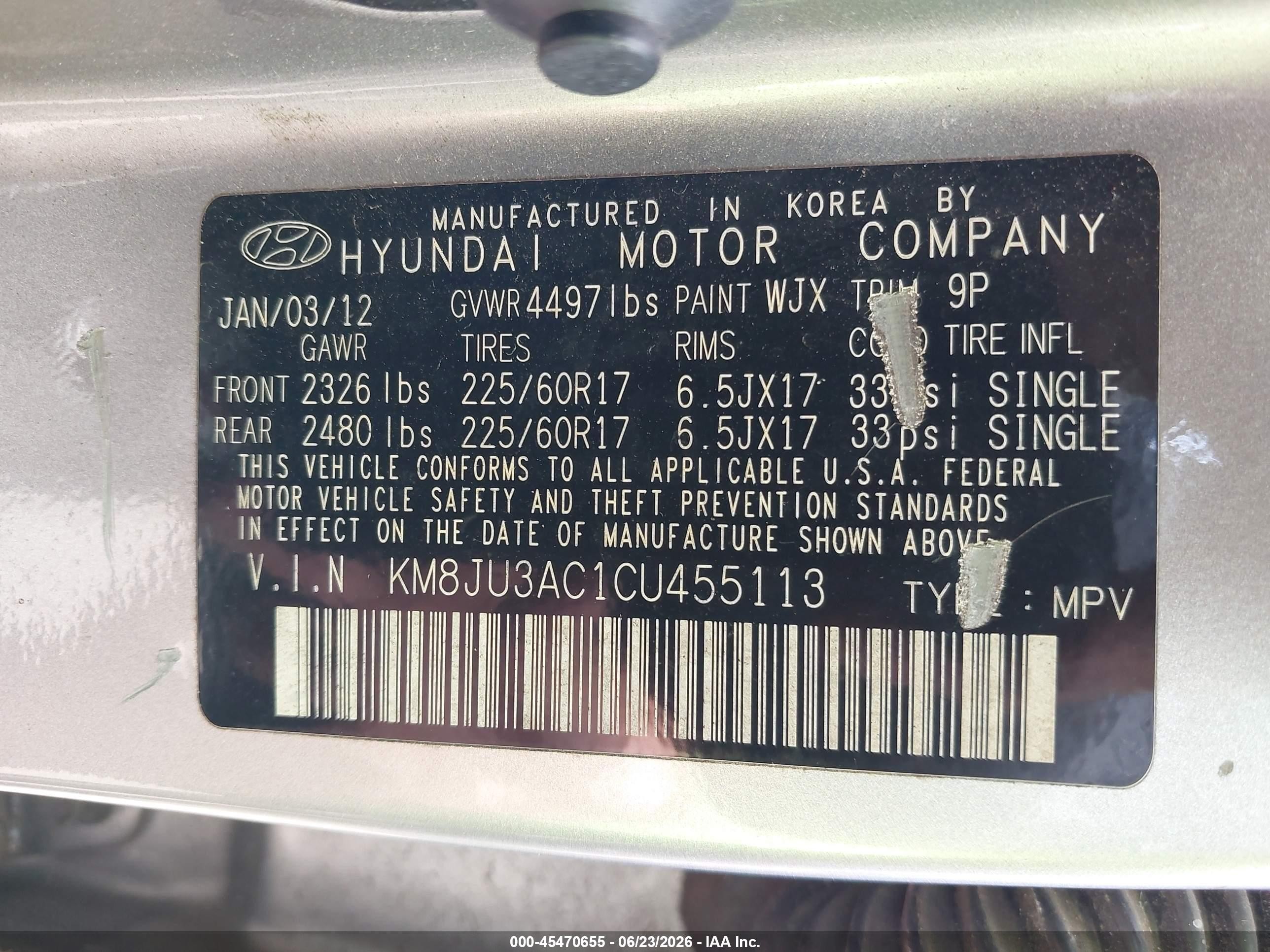2012 Hyundai Tucson Gls Gray vin: KM8JU3AC1CU455113