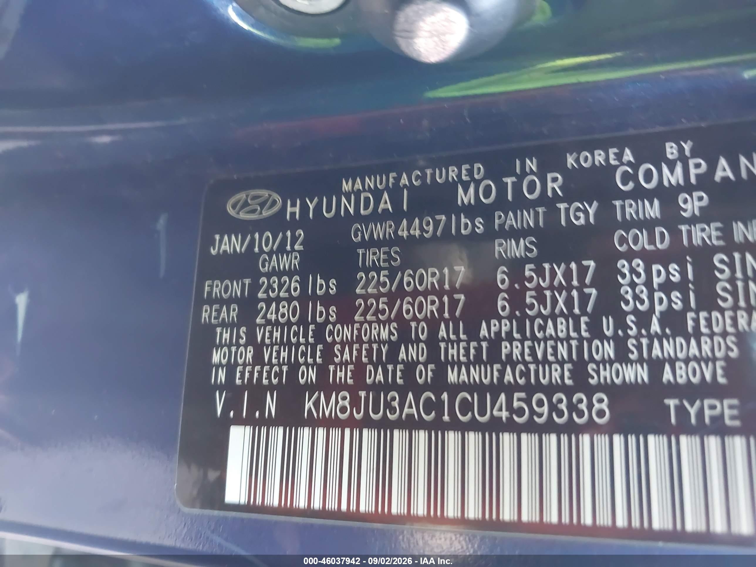 2012 Hyundai Tucson Gls Blue vin: KM8JU3AC1CU459338