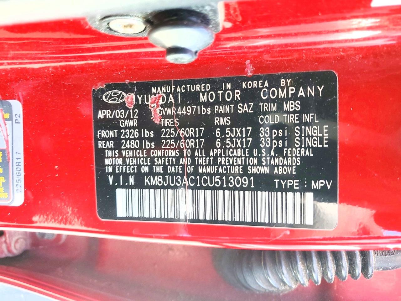 2012 Hyundai Tucson Gls Red vin: KM8JU3AC1CU513091