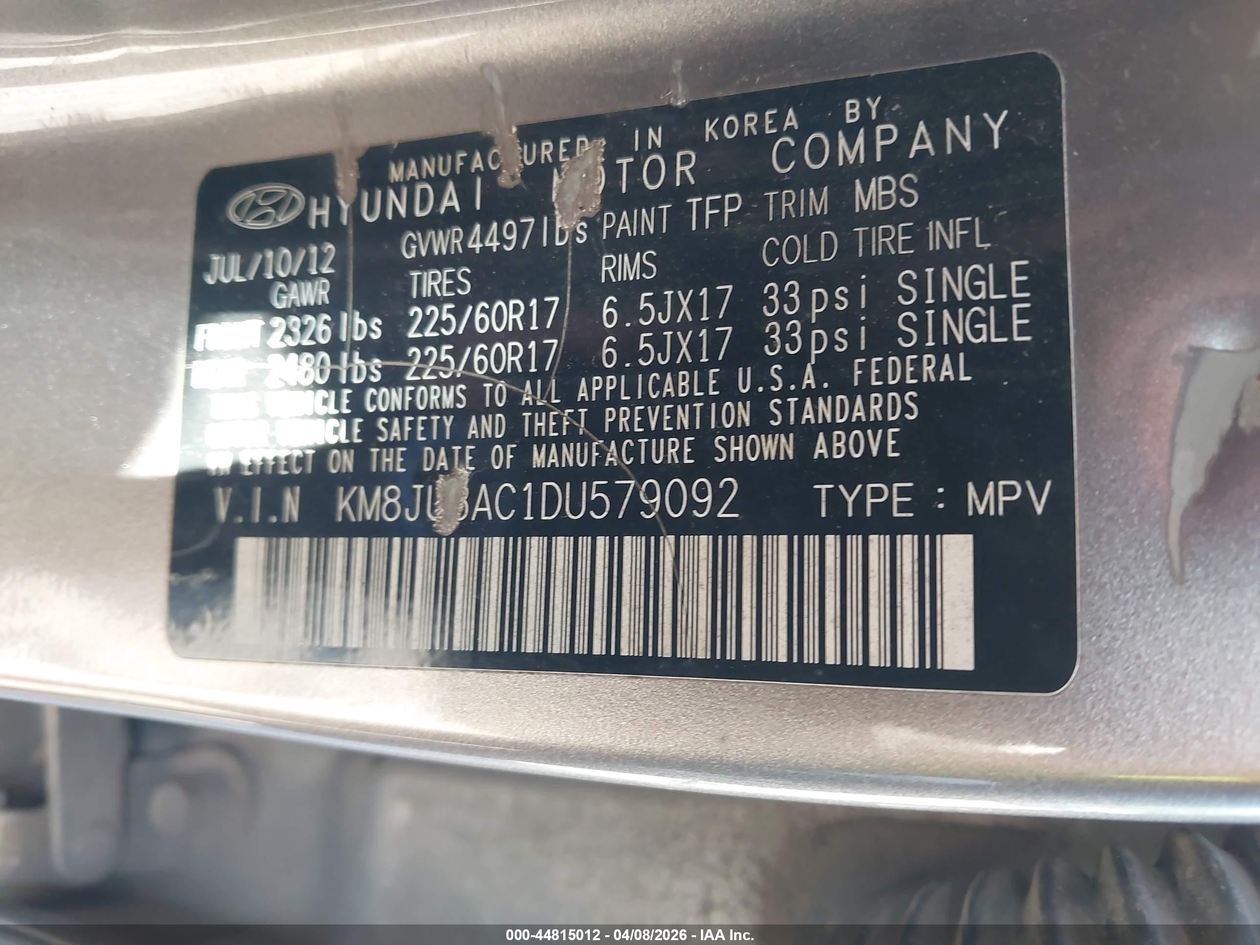 2013 Hyundai Tucson Gls Gray vin: KM8JU3AC1DU579092