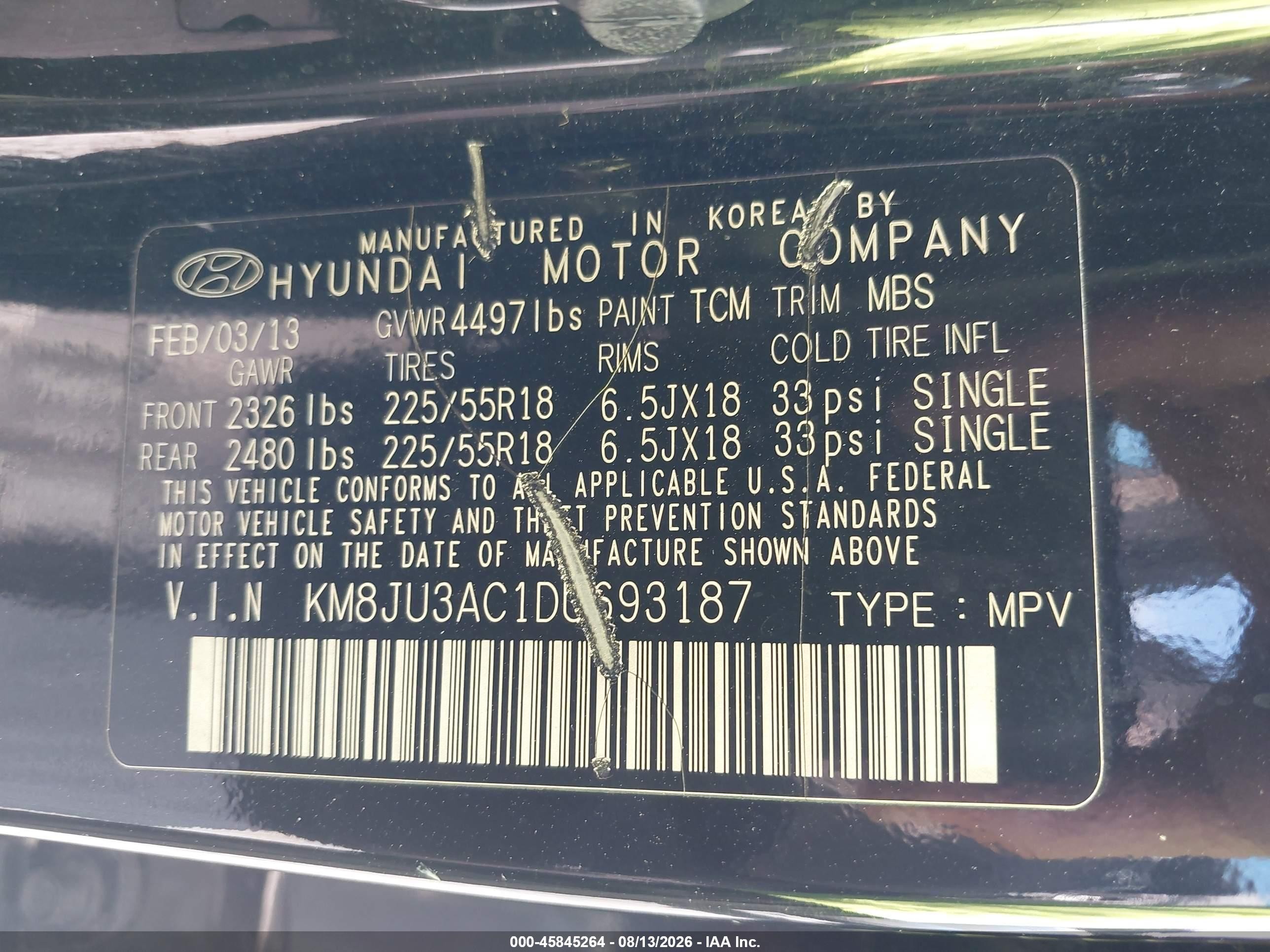 2013 Hyundai Tucson Limited Черный vin: KM8JU3AC1DU693187