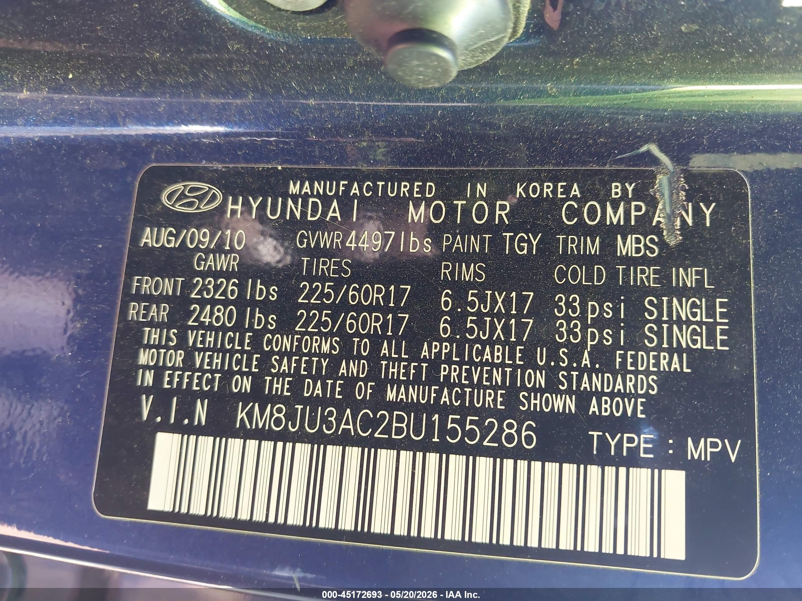 2011 Hyundai Tucson Gls Blue vin: KM8JU3AC2BU155286