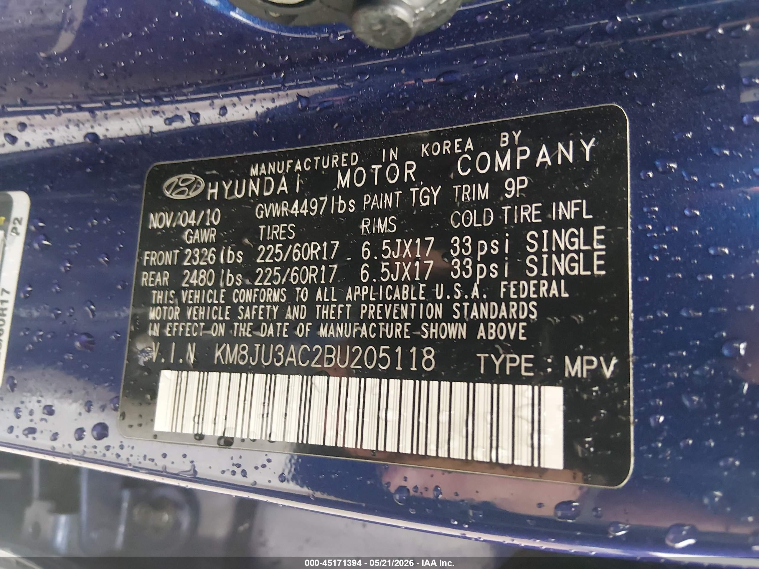 2011 Hyundai Tucson Gls Blue vin: KM8JU3AC2BU205118