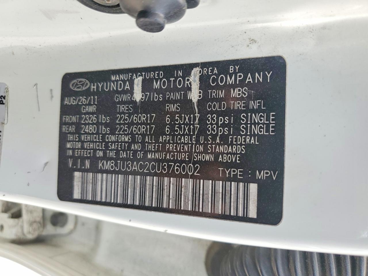 2012 Hyundai Tucson Gls White vin: KM8JU3AC2CU376002