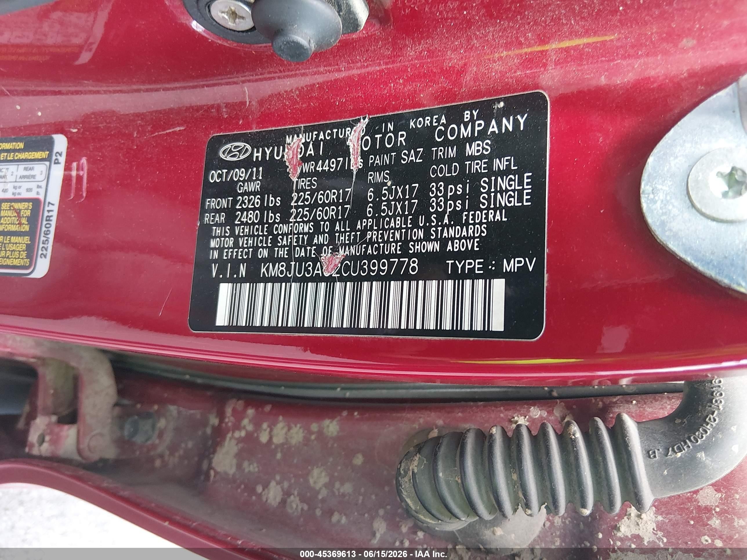 2012 Hyundai Tucson Gls Red vin: KM8JU3AC2CU399778