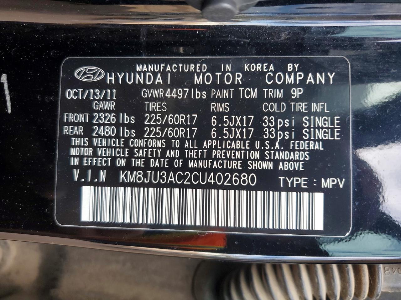 2012 Hyundai Tucson Gls Black vin: KM8JU3AC2CU402680
