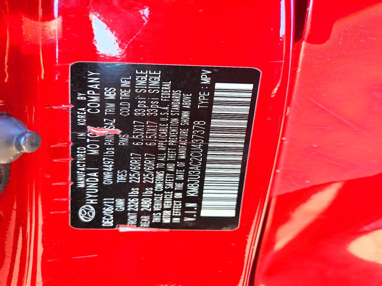 2012 Hyundai Tucson Gls Red vin: KM8JU3AC2CU437378