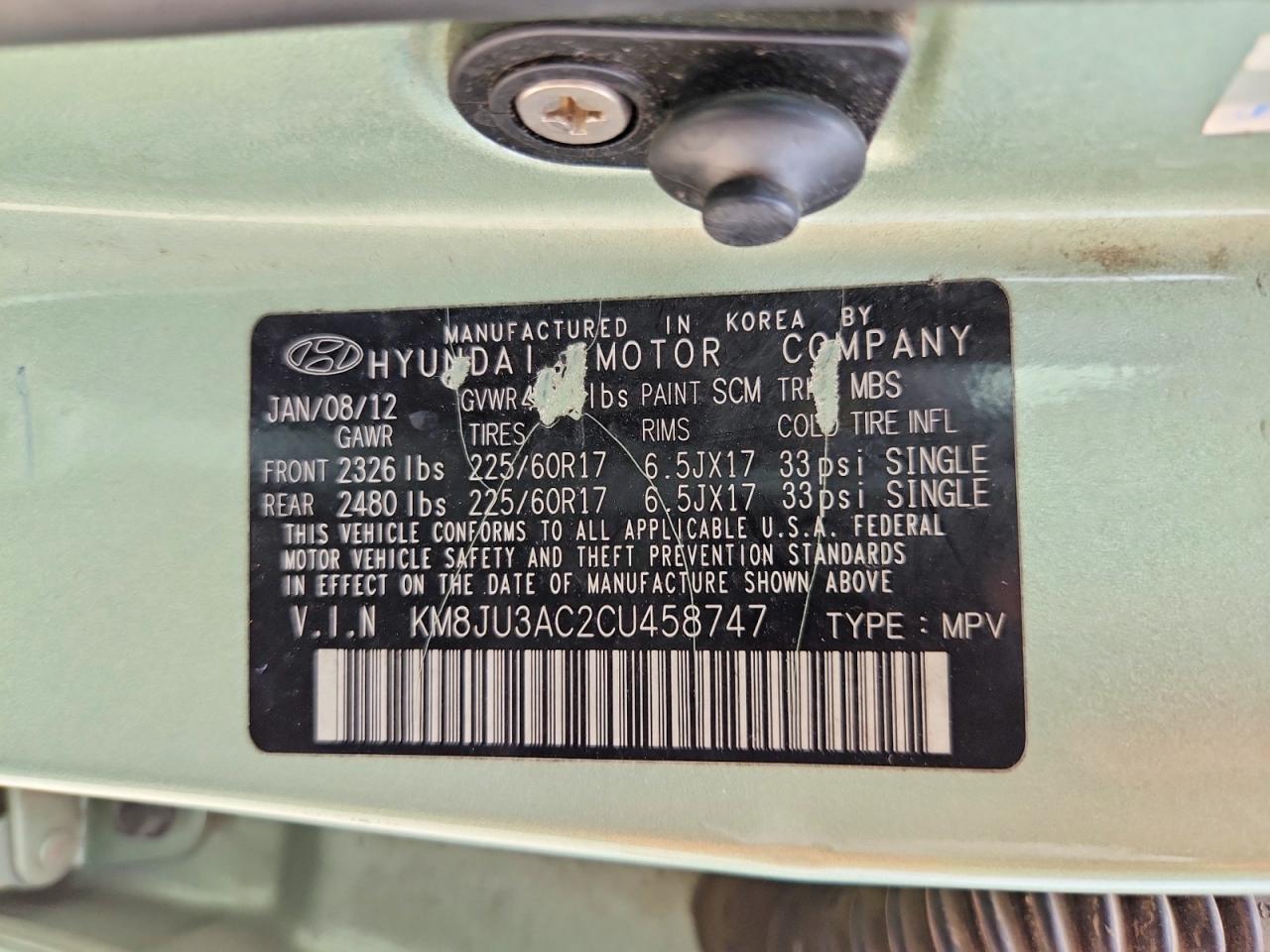 2012 Hyundai Tucson Gls Green vin: KM8JU3AC2CU458747