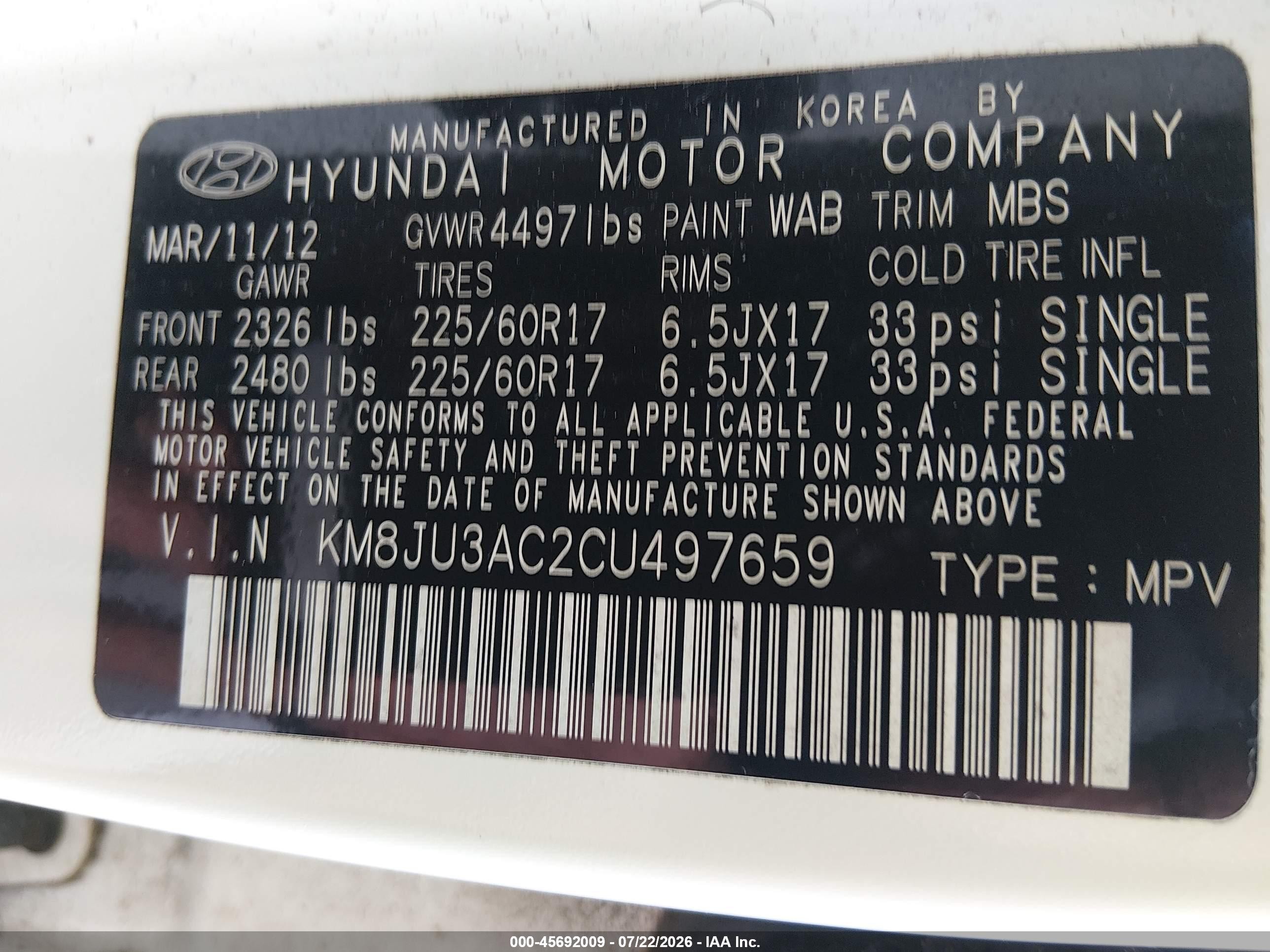 2012 Hyundai Tucson Gls Белый vin: KM8JU3AC2CU497659