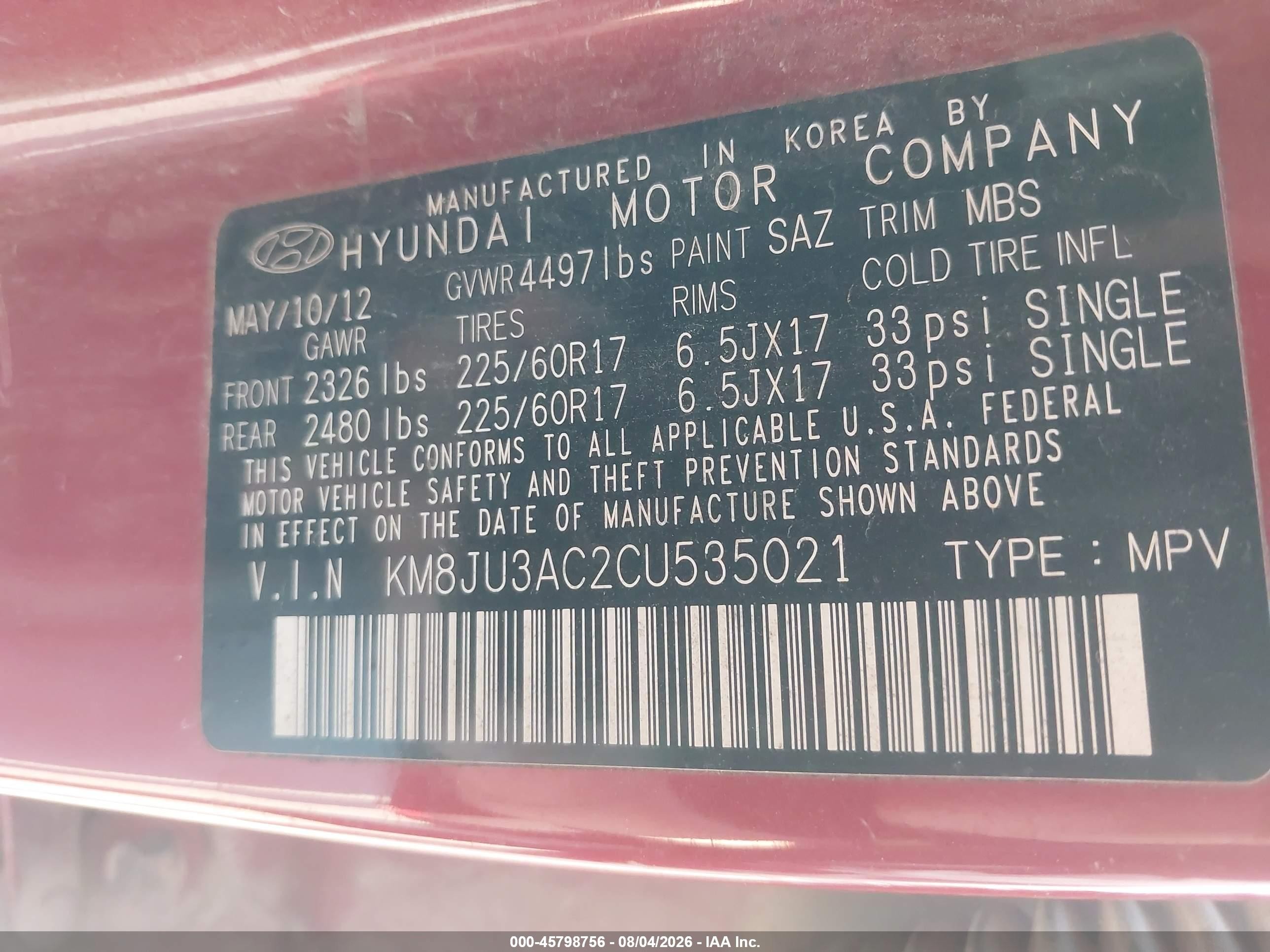 2012 Hyundai Tucson Gls Red vin: KM8JU3AC2CU535021