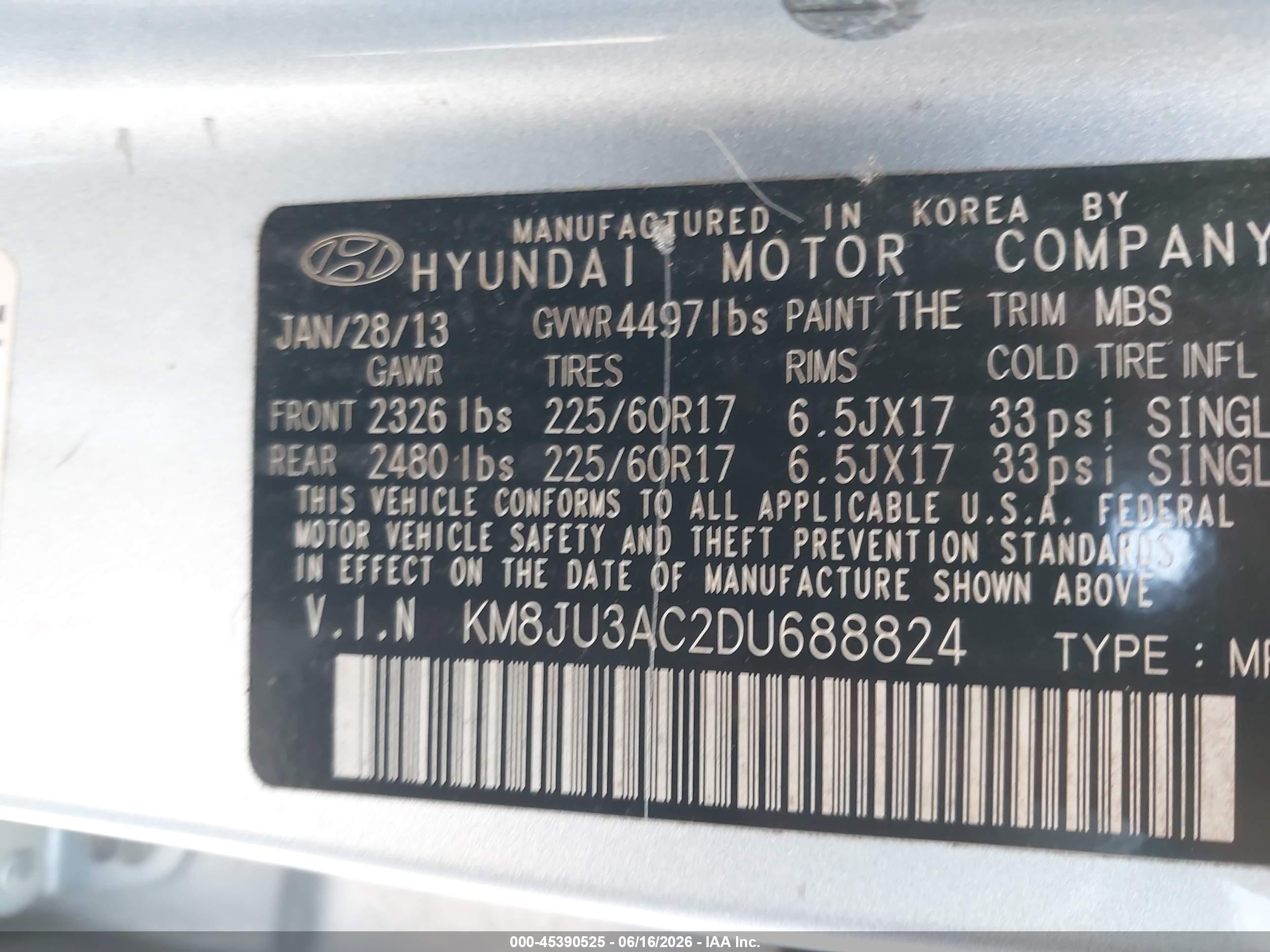 2013 Hyundai Tucson Gls Light Blue vin: KM8JU3AC2DU688824