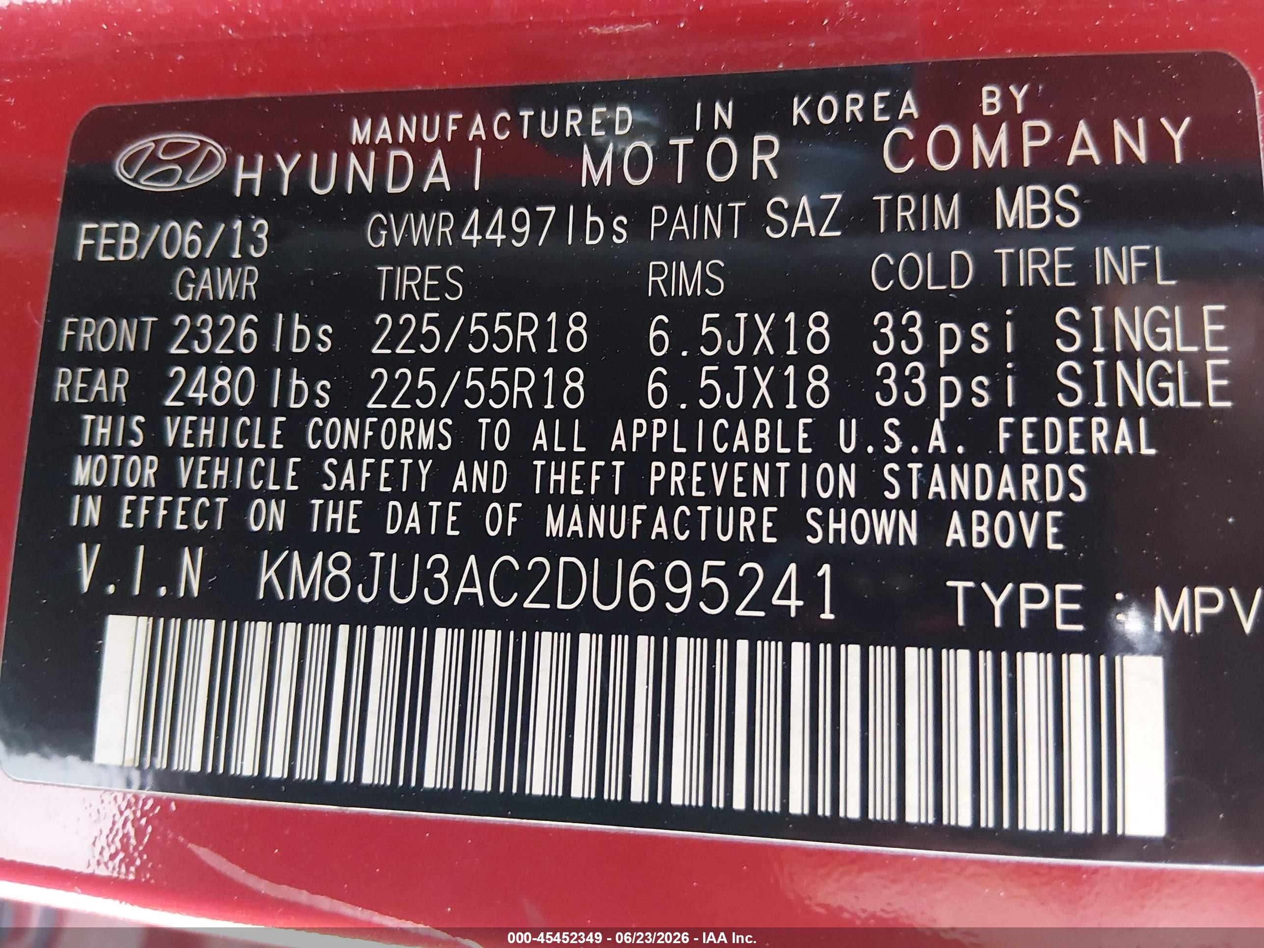 2013 Hyundai Tucson Limited Red vin: KM8JU3AC2DU695241