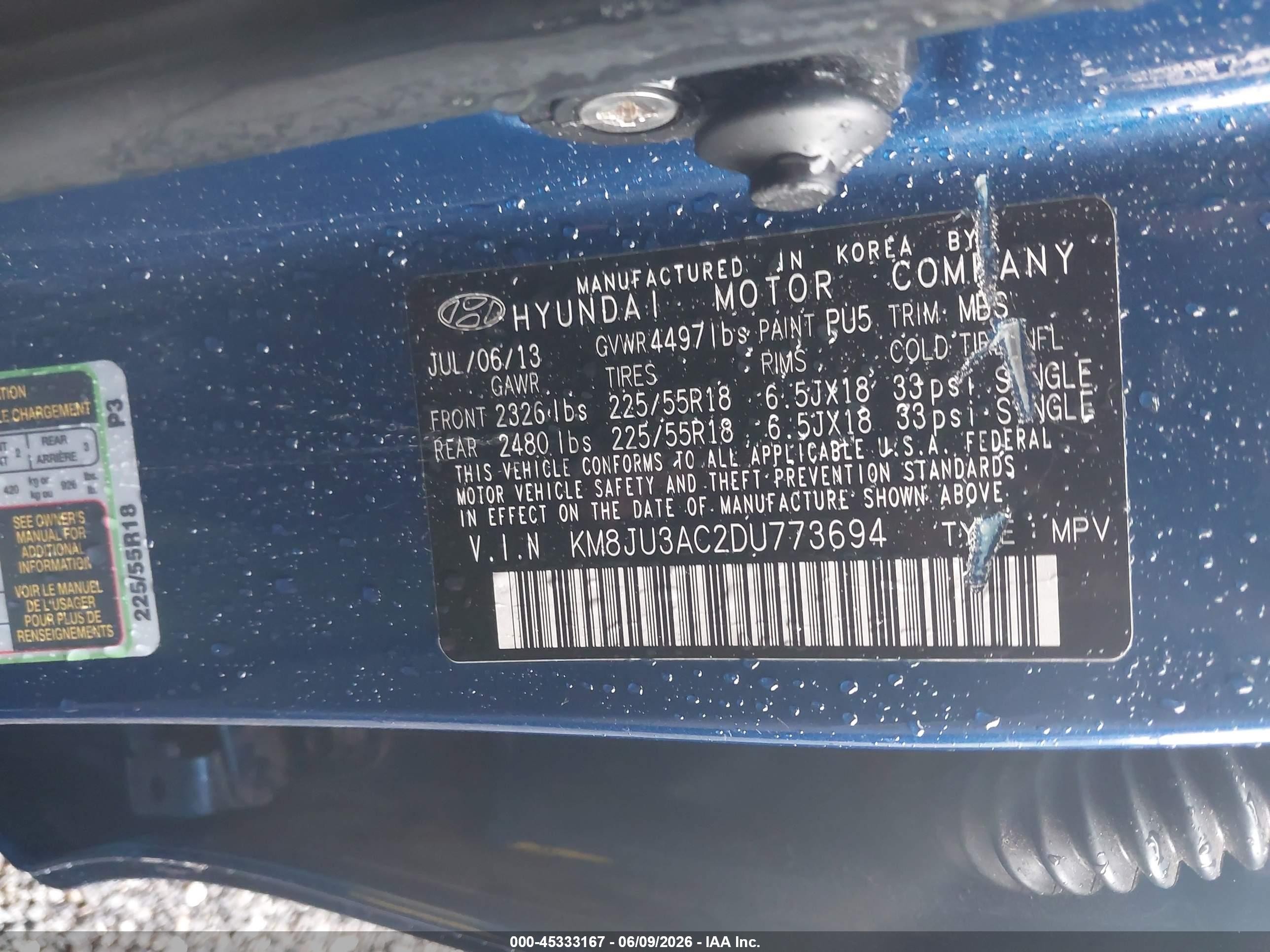 2013 Hyundai Tucson Limited Blue vin: KM8JU3AC2DU773694