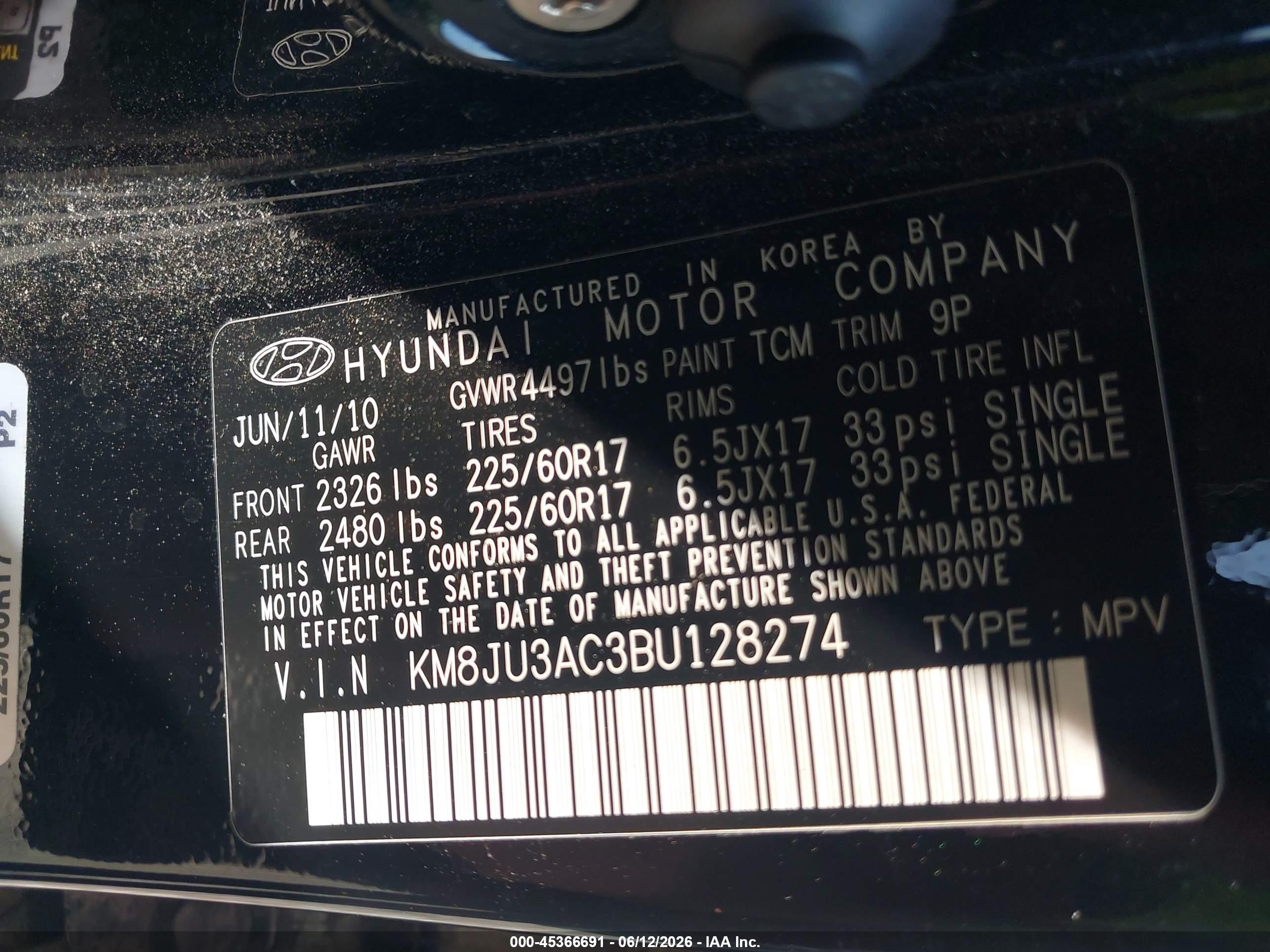 2011 Hyundai Tucson Gls Black vin: KM8JU3AC3BU128274