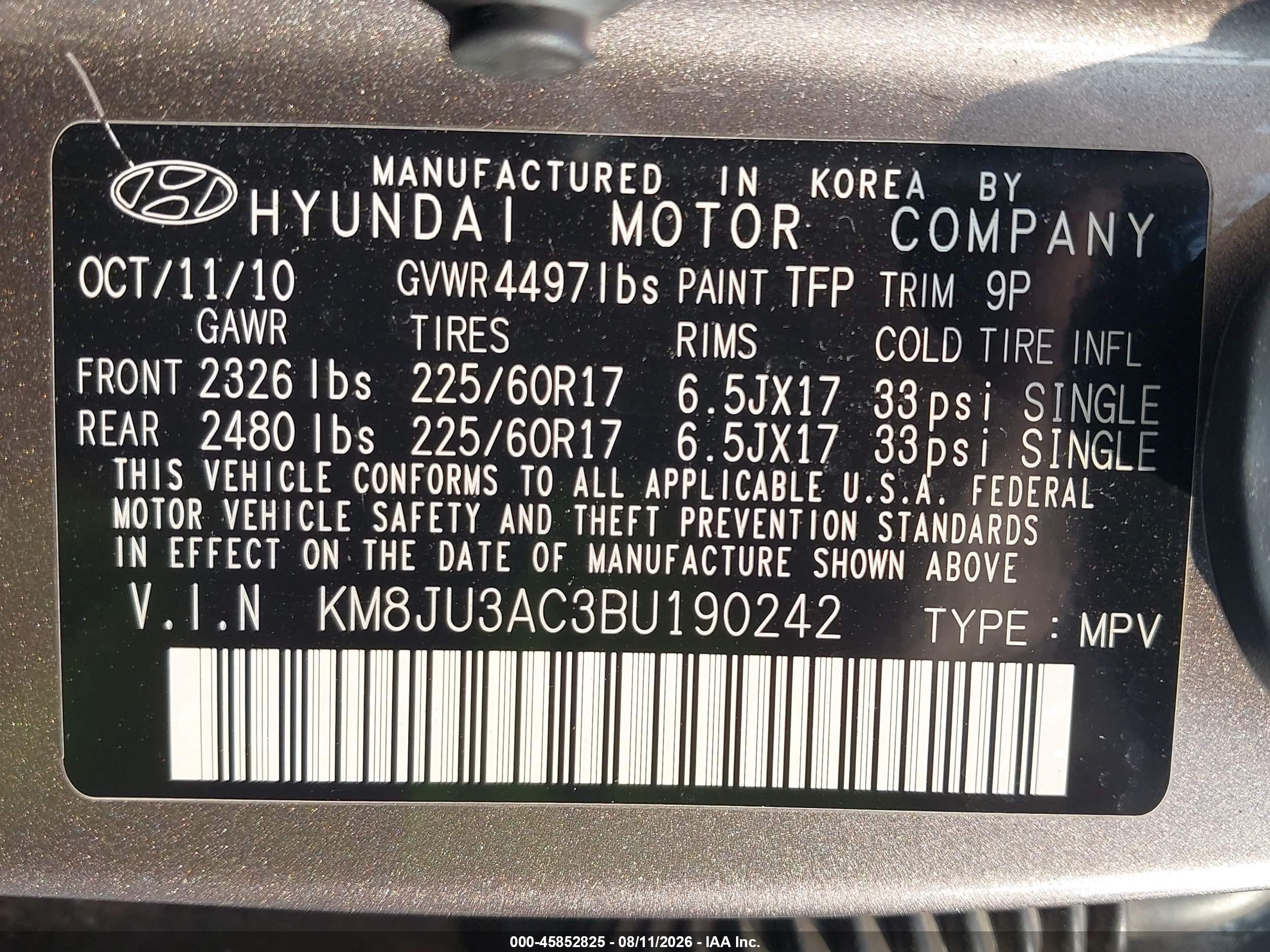 2011 Hyundai Tucson Gls Brown vin: KM8JU3AC3BU190242