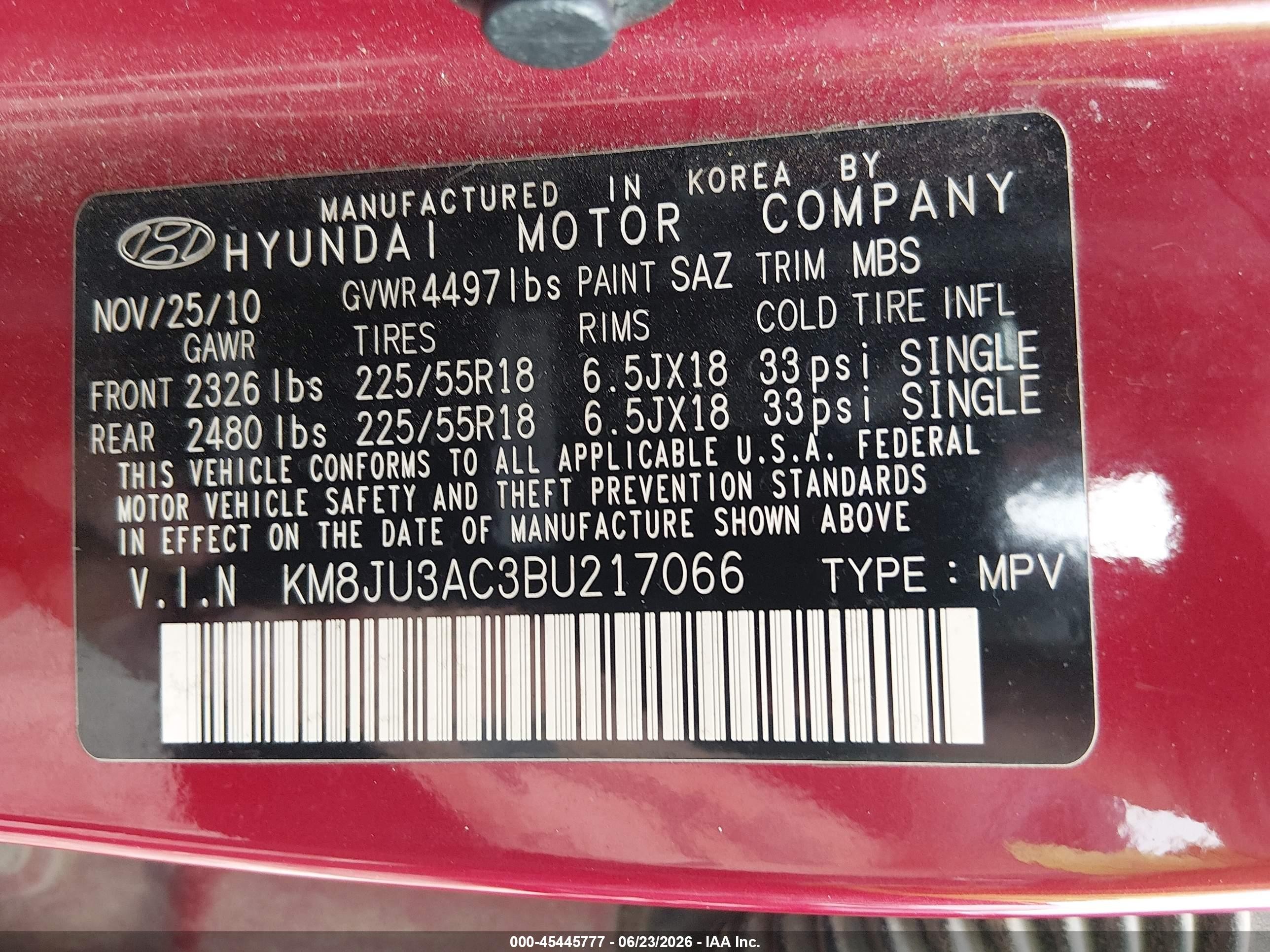 2011 Hyundai Tucson Limited Red vin: KM8JU3AC3BU217066