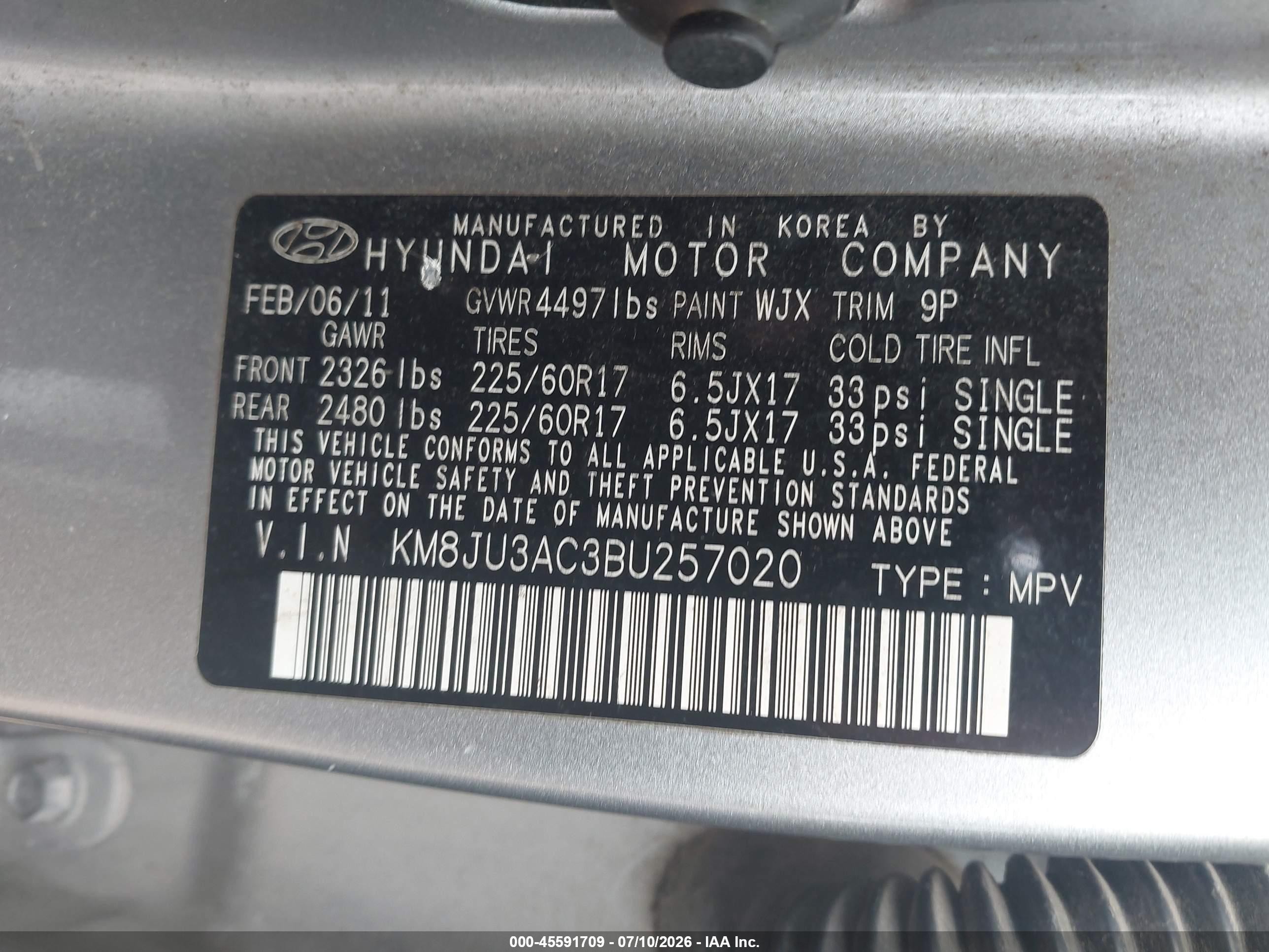 2011 Hyundai Tucson Gls Silver vin: KM8JU3AC3BU257020