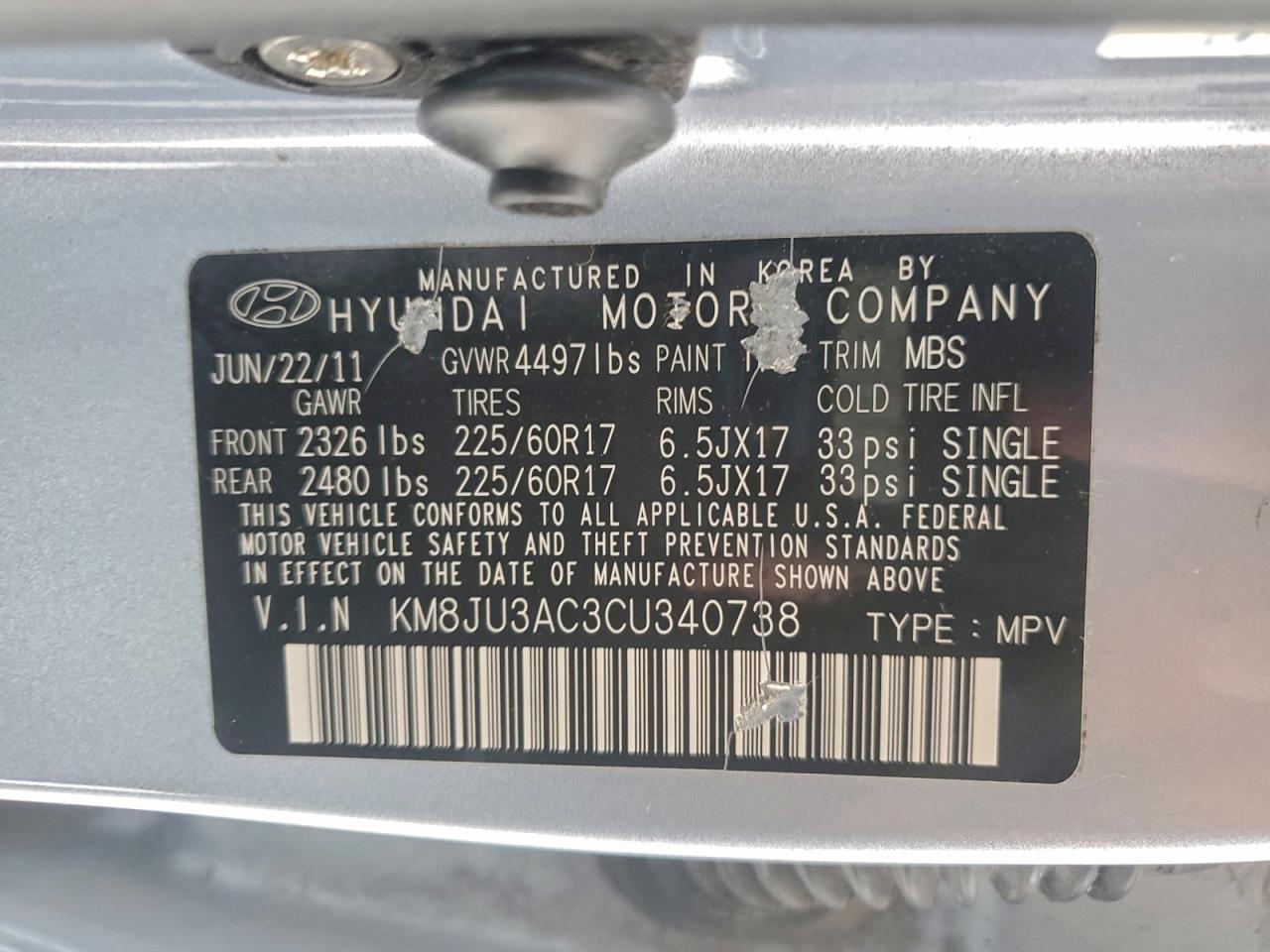 2012 Hyundai Tucson Gls Blue vin: KM8JU3AC3CU340738