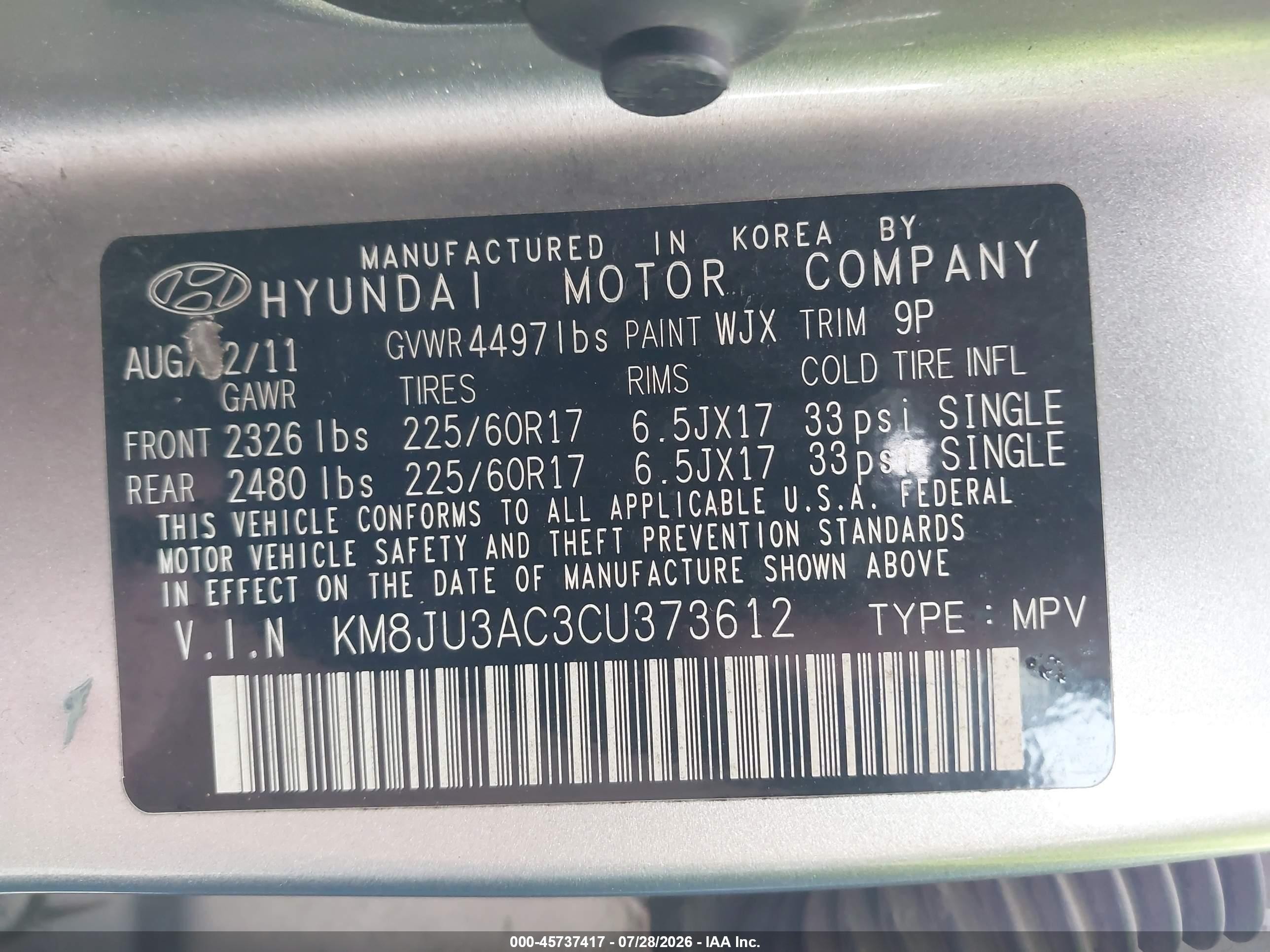 2012 Hyundai Tucson Gls Silver vin: KM8JU3AC3CU373612