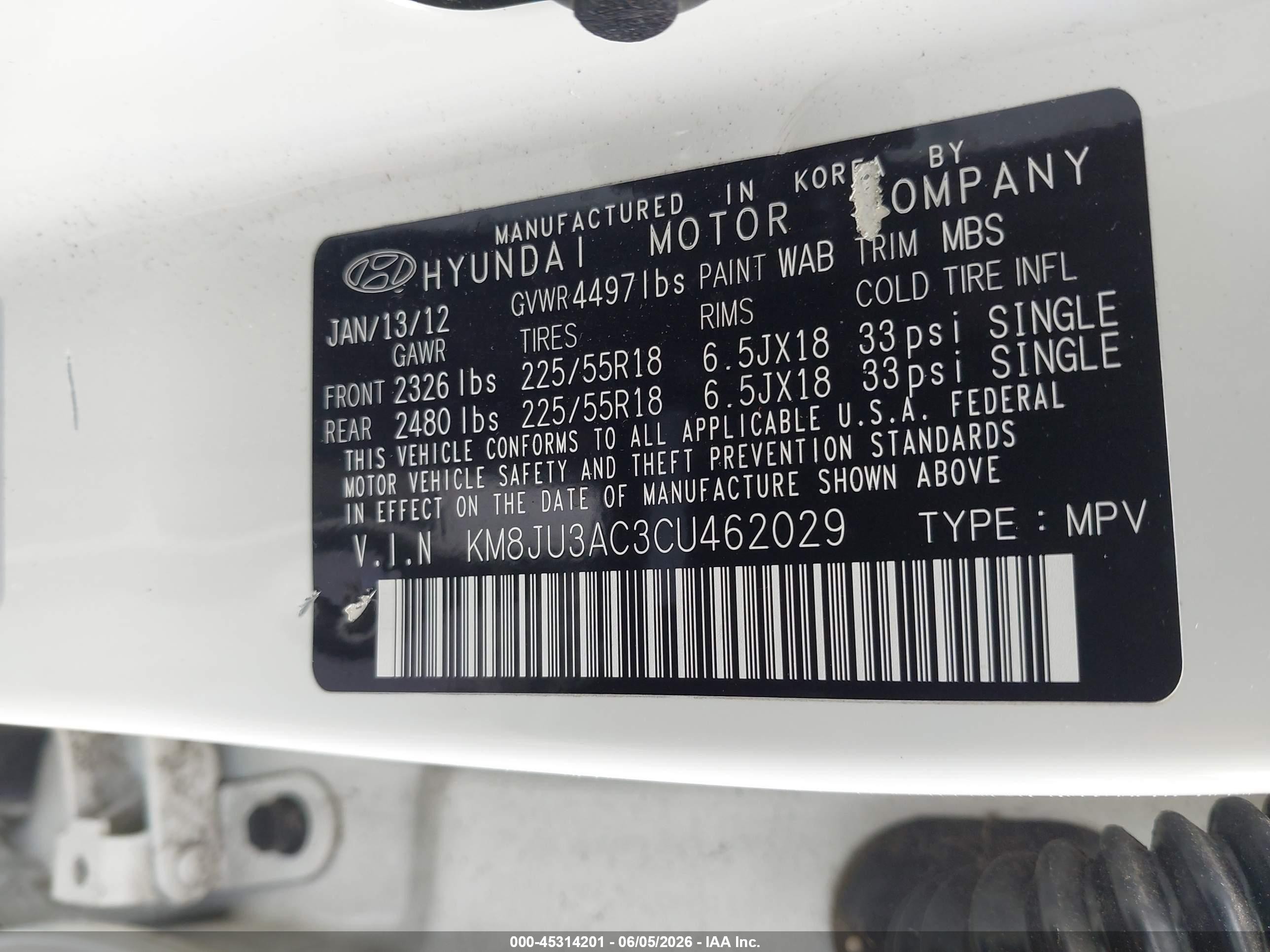 2012 Hyundai Tucson Limited White vin: KM8JU3AC3CU462029