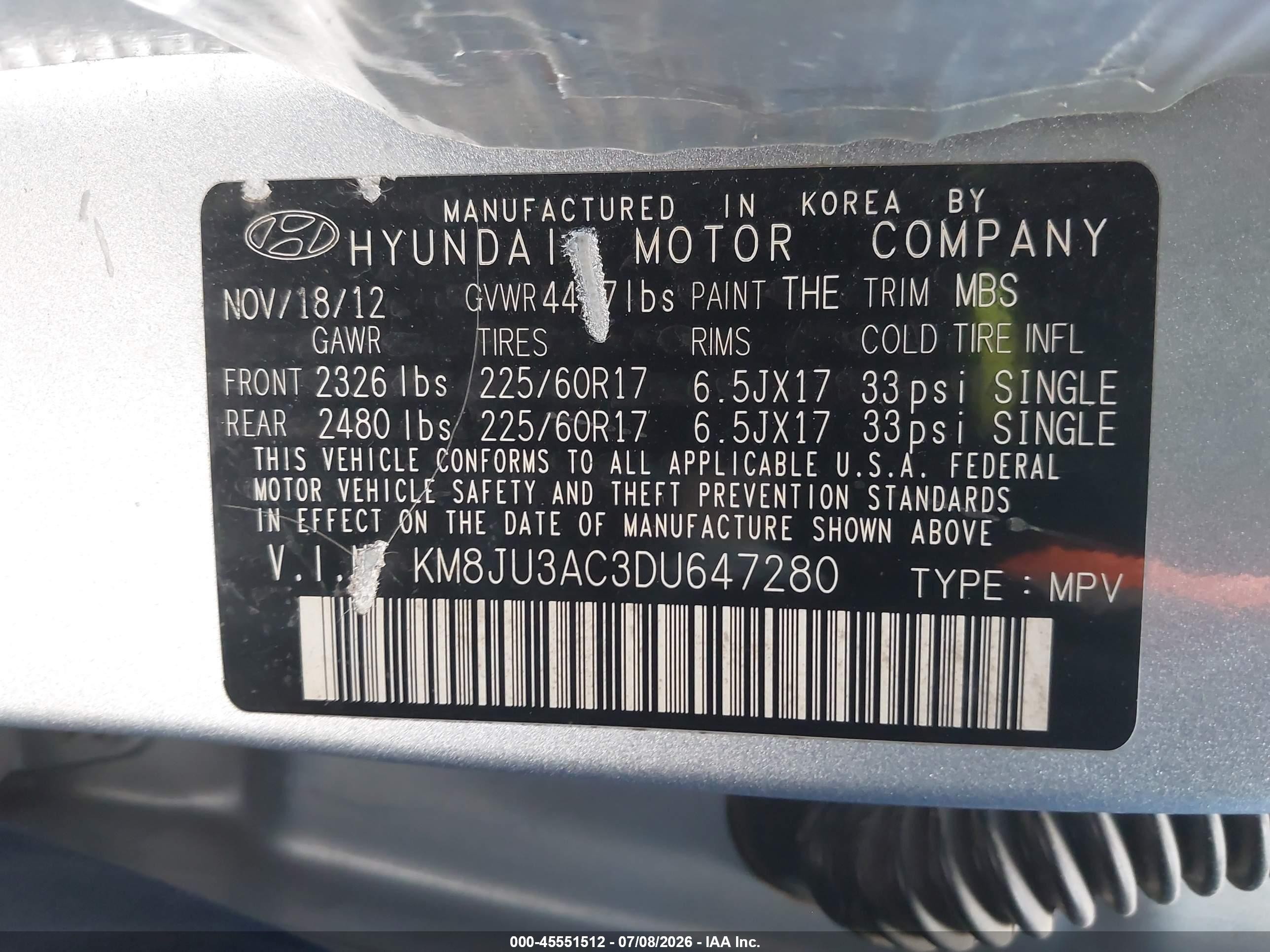 2013 Hyundai Tucson Gls Light Blue vin: KM8JU3AC3DU647280