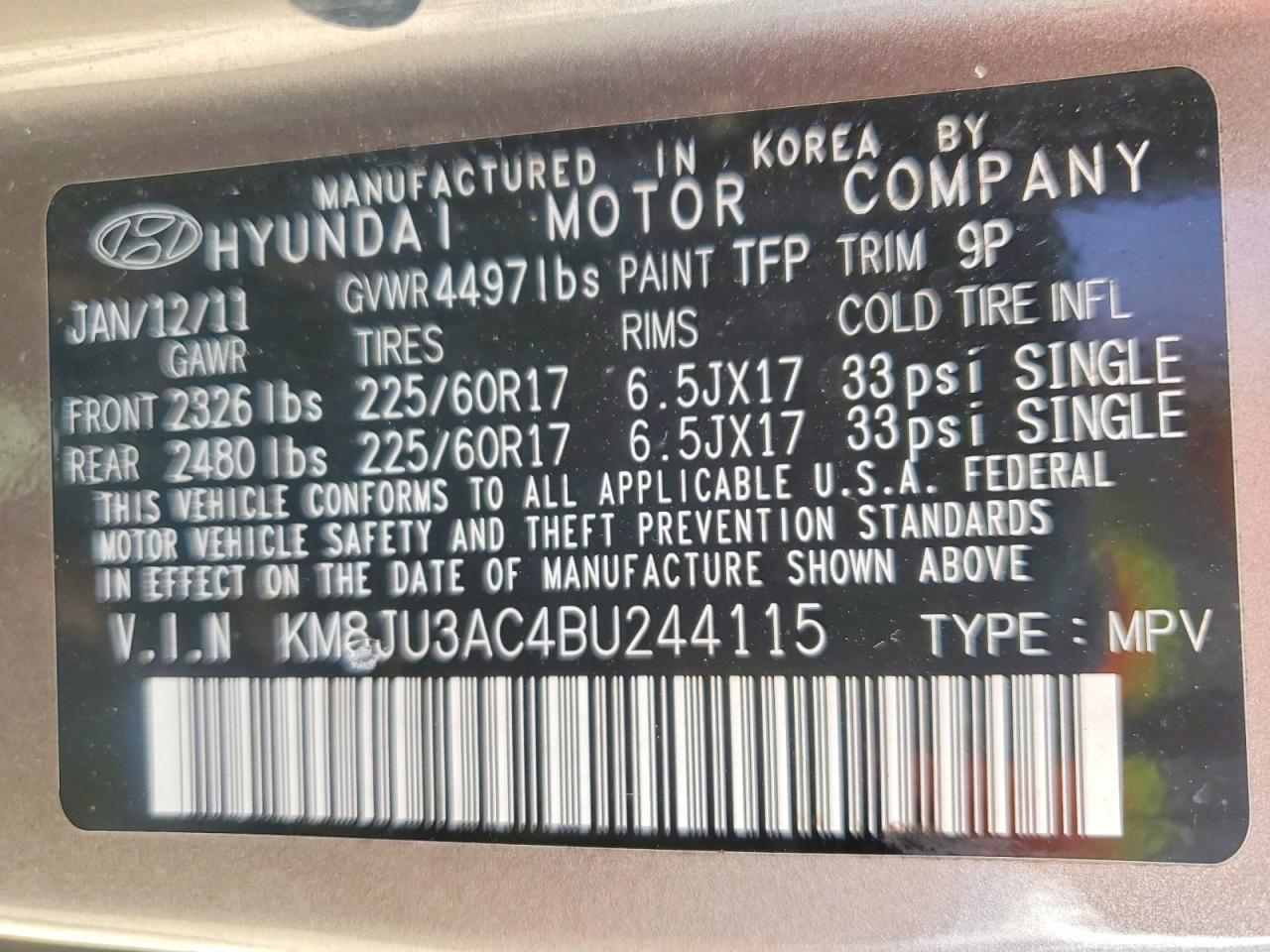 2011 Hyundai Tucson Gls Gray vin: KM8JU3AC4BU244115