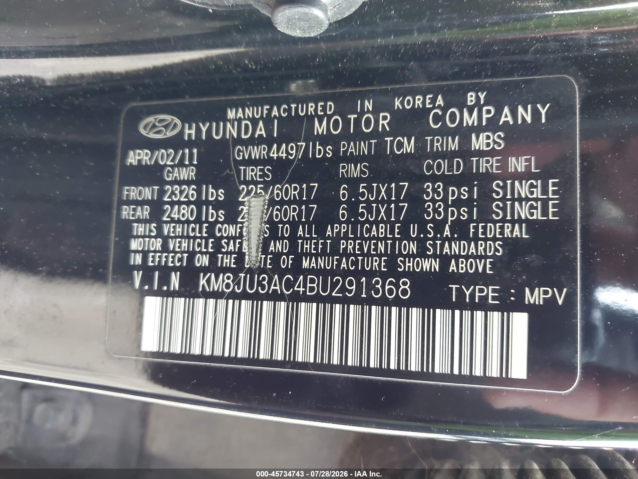 2011 Hyundai Tucson Gls Black vin: KM8JU3AC4BU291368